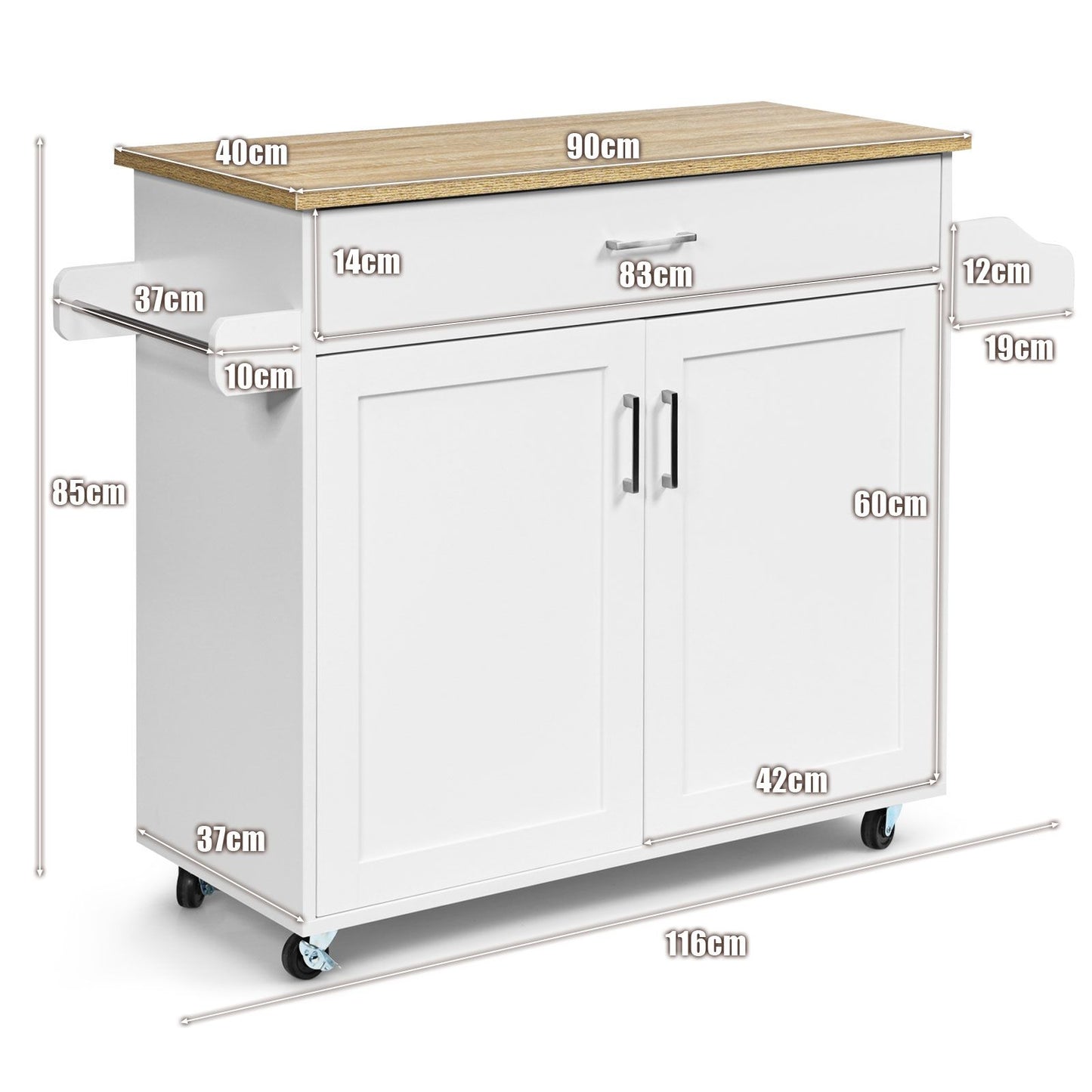 Credenza Cucina, Carrello da Cucina, Isola da Cucina con Ruote di Gomma, Scaffale per Microonde, Bianco, Costway, 7