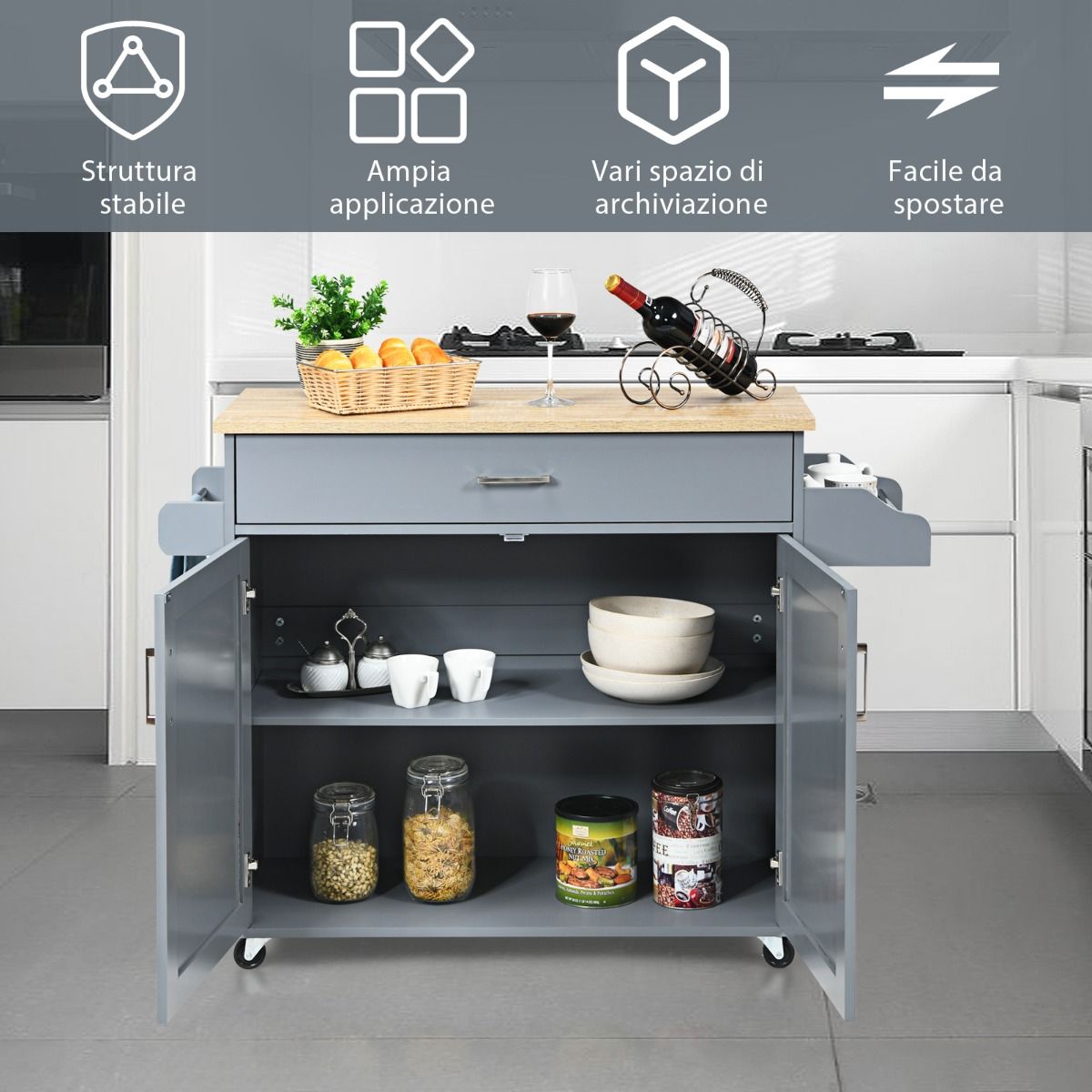 Credenza Cucina, Carrello da Cucina, Isola da Cucina, Scaffale per Microonde, Grigio, Costway, 11