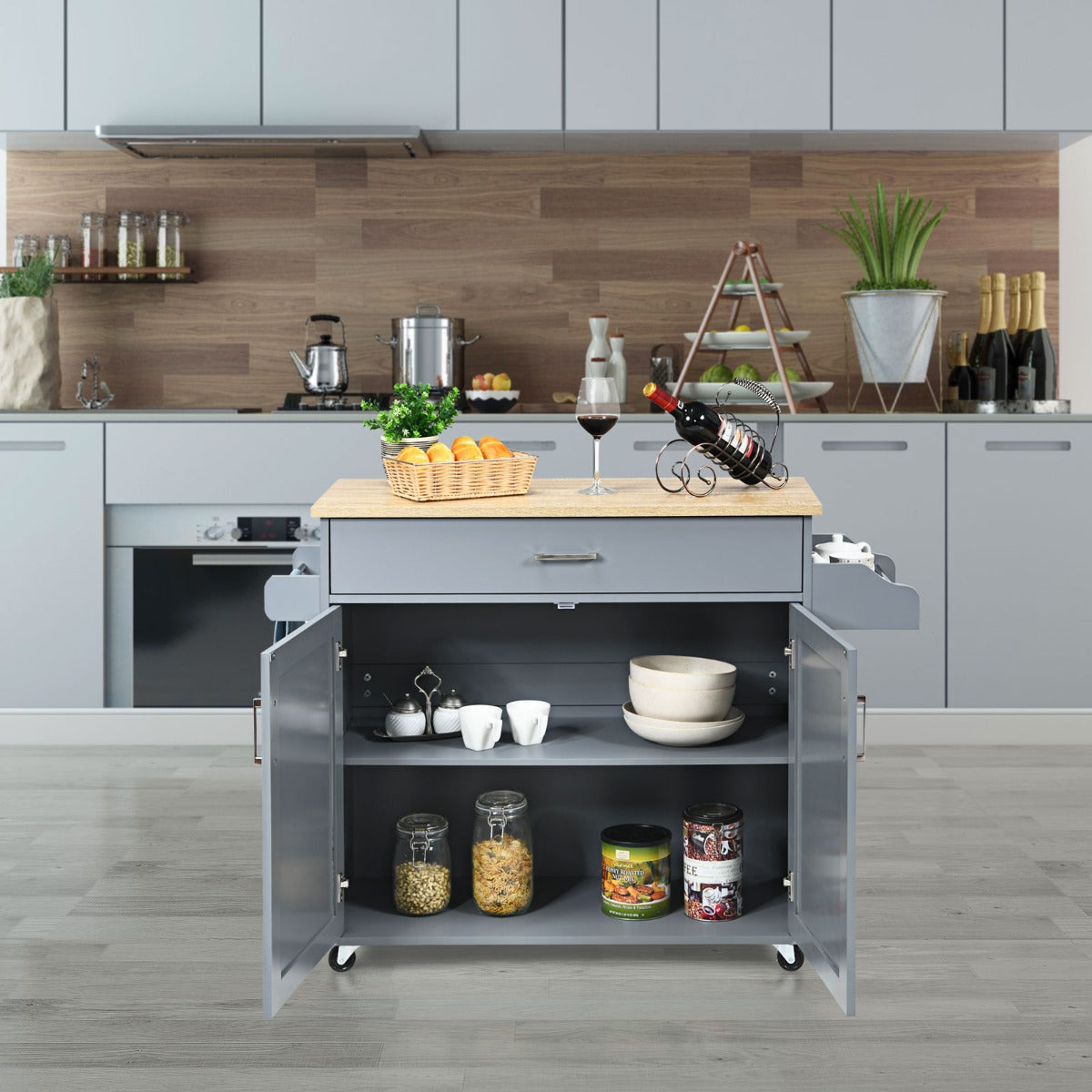 Credenza Cucina, Carrello da Cucina, Isola da Cucina, Scaffale per Microonde, Grigio, Costway, 3