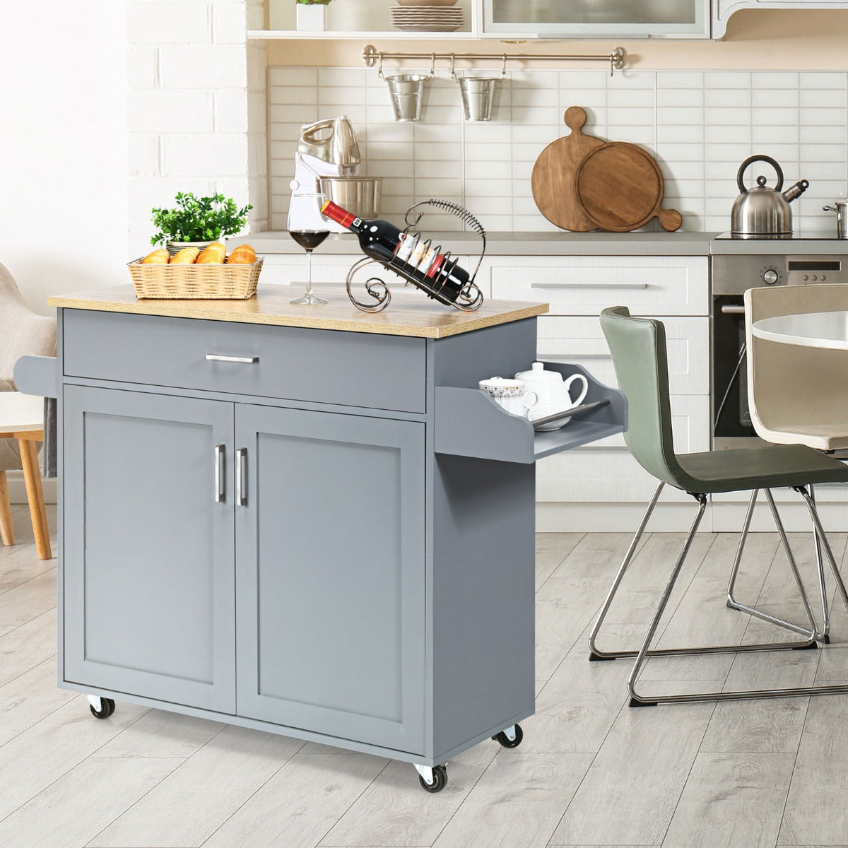 Credenza Cucina, Carrello da Cucina, Isola da Cucina, Scaffale per Microonde, Grigio, Costway, 4