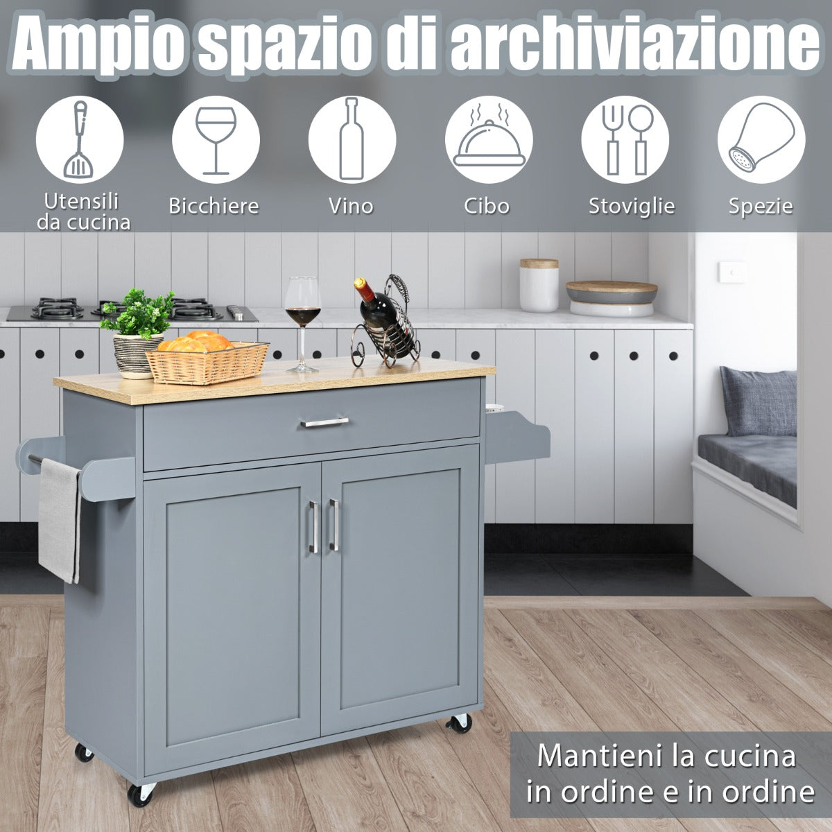 Credenza Cucina, Carrello da Cucina, Isola da Cucina, Scaffale per Microonde, Grigio, Costway, 5