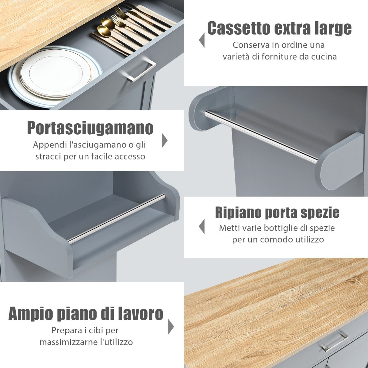 Credenza Cucina, Carrello da Cucina, Isola da Cucina, Scaffale per Microonde, Grigio, Costway, 9