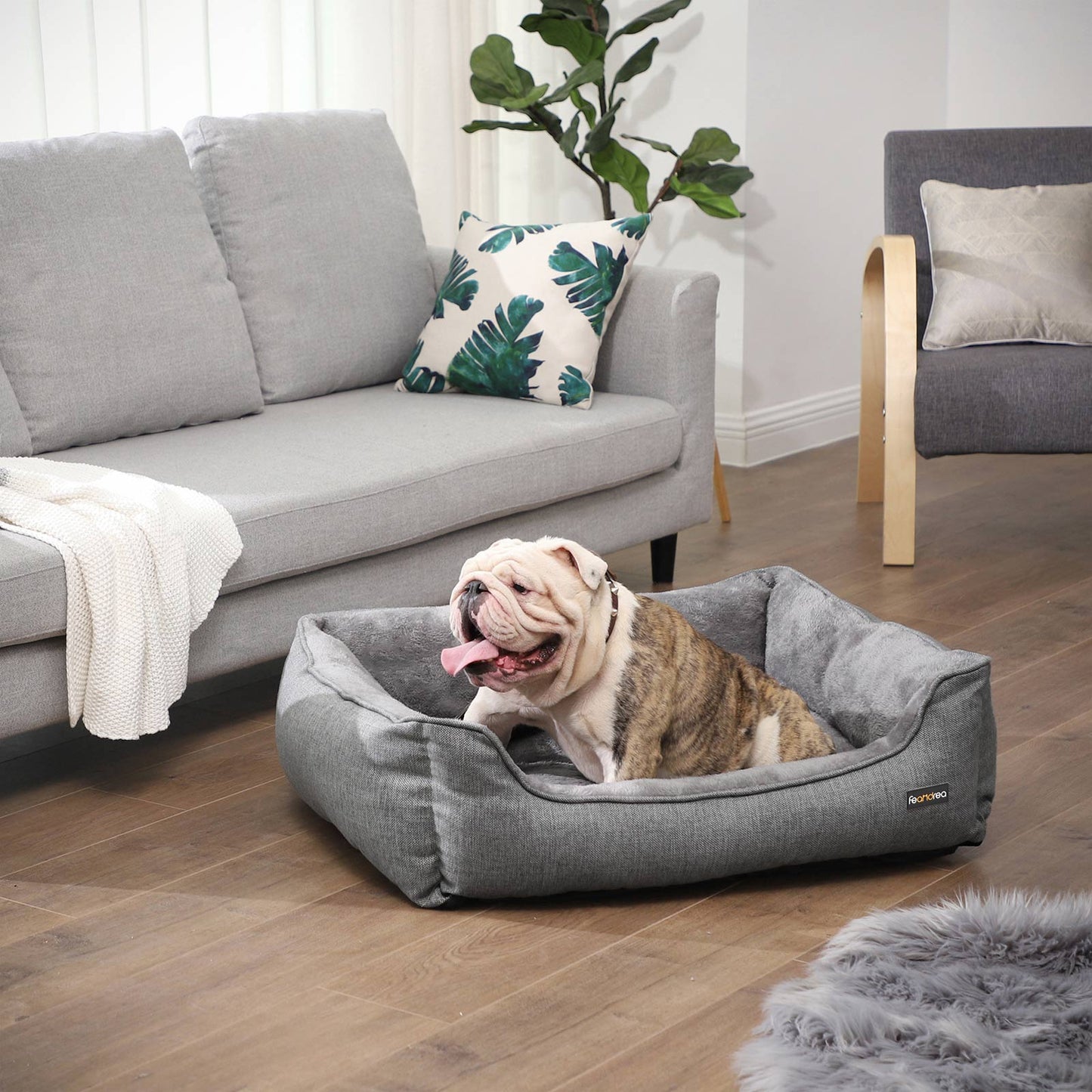 Cuccia per cani, Cuccia per animali, Simil lino, Divano letto per cani, Fodera Lavabile, Grigio chiaro, Feandrea, 1