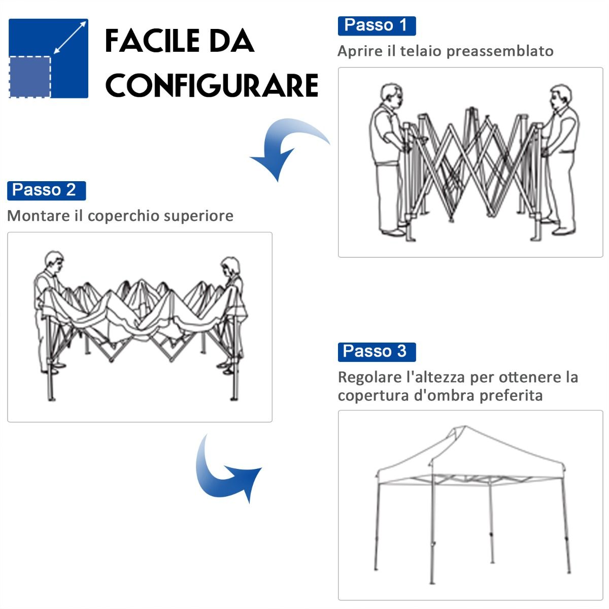 Gazebo da Giardino, Tenda da Esterno, Gazebo da Esterno, Gazebo Pieghevole 3x3, Tenda Pieghevole, Blu, Costway, 7