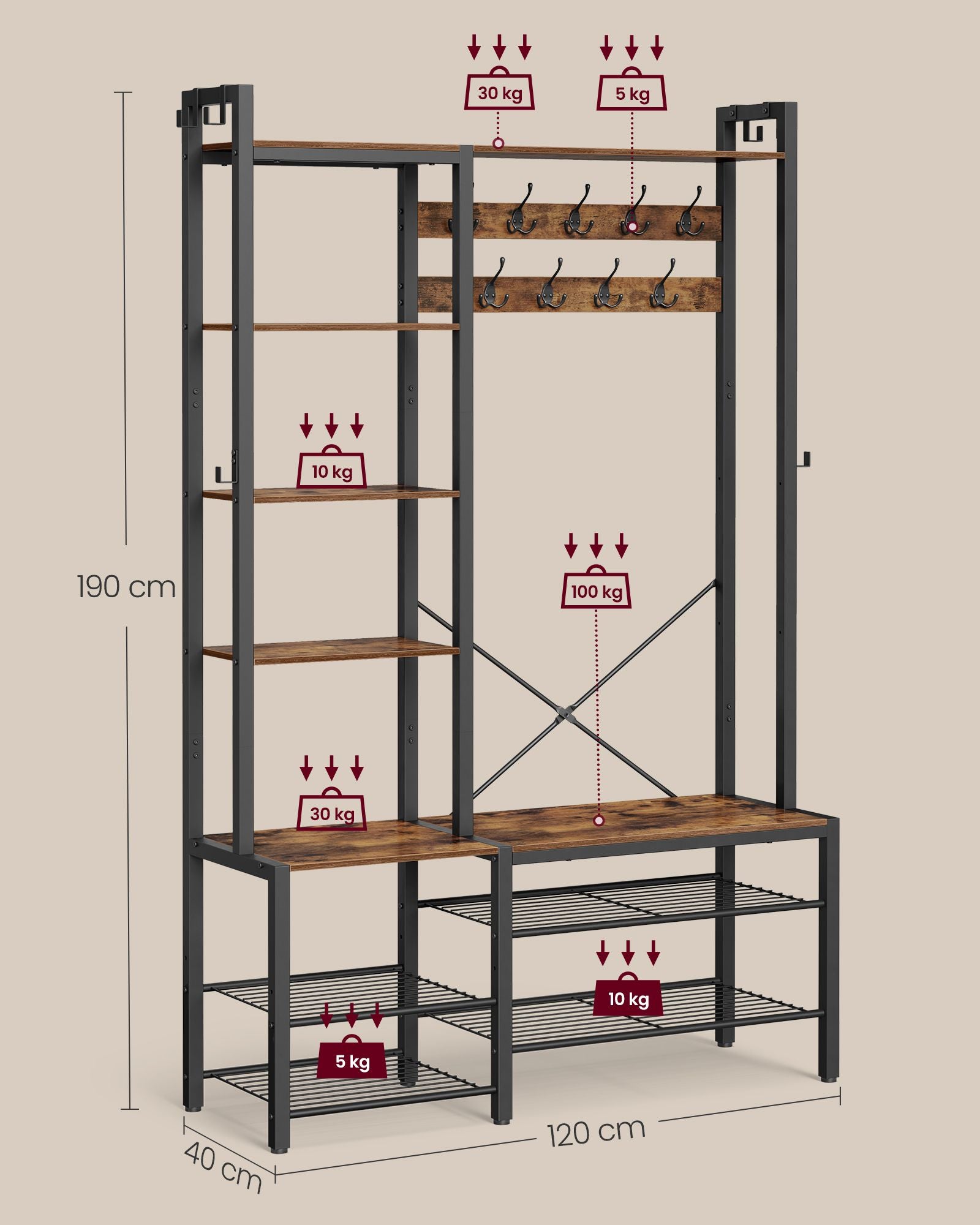 Appendiabiti con Scarpiera, Mobile da Ingresso, Attaccapanni con Scarpiera, 40 x 120 x 190 cm, Tribesigns, 3