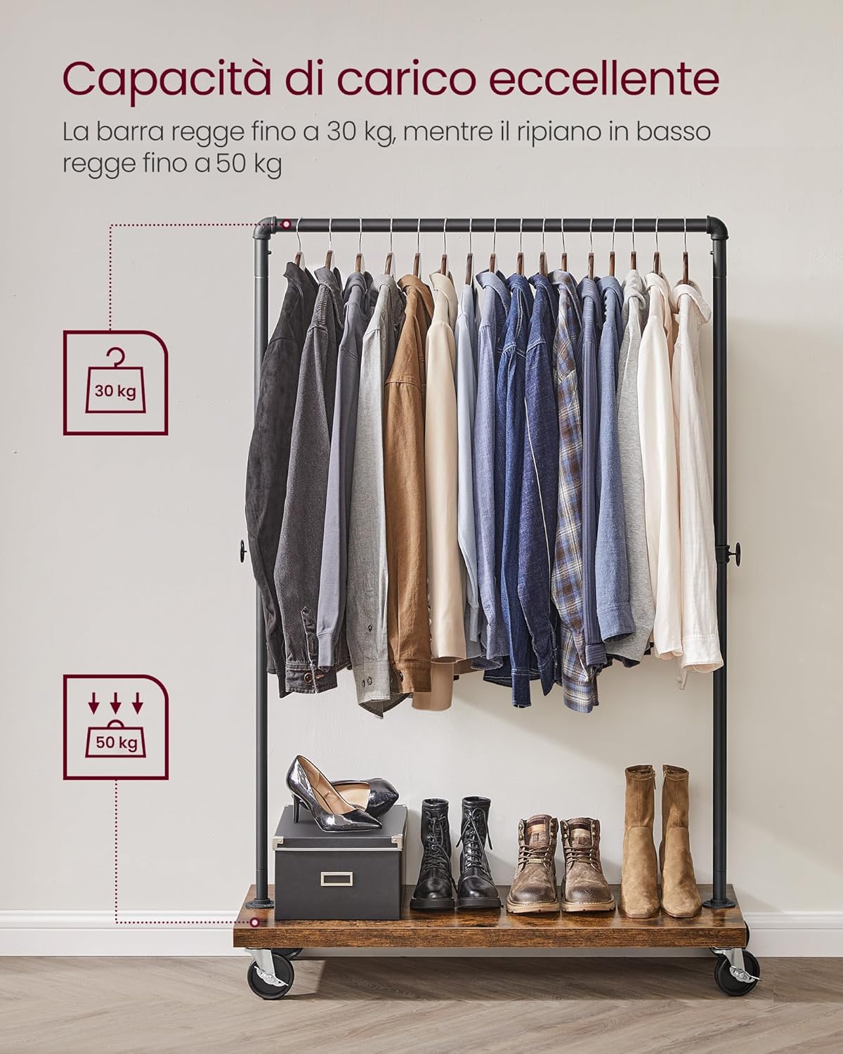 VASAGLE - Appendiabiti per Carichi Pesanti, Barra di Sospensione Regge Fino a 80 kg, Appendiabiti a Tubi Mobile in Stile Industriale con Ripianoli