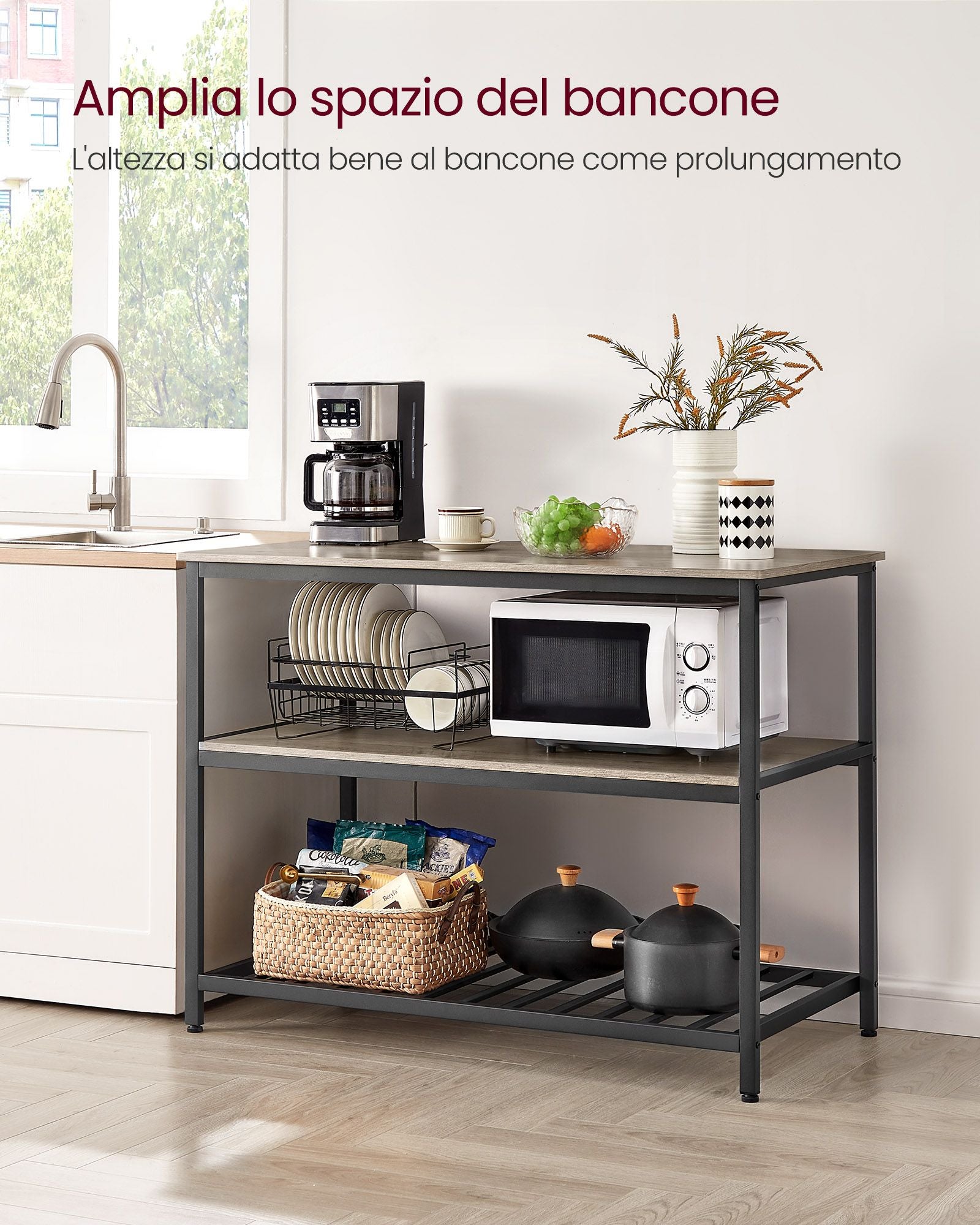 Isola per Cucina, 3 ripiani, con Grande Piano di Lavoro 120 cm, Struttura in Acciaio Stabile, Grigio e Nero, Vasagle, 5