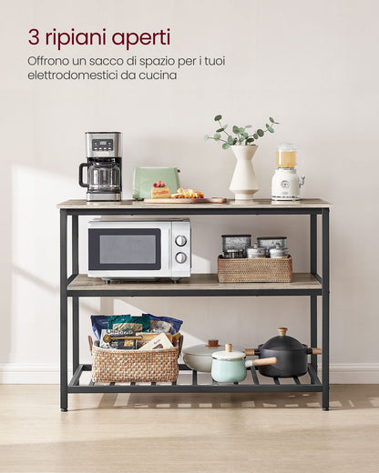 Isola per Cucina, 3 ripiani, con Grande Piano di Lavoro 120 cm, Struttura in Acciaio Stabile, Grigio e Nero, Vasagle, 6