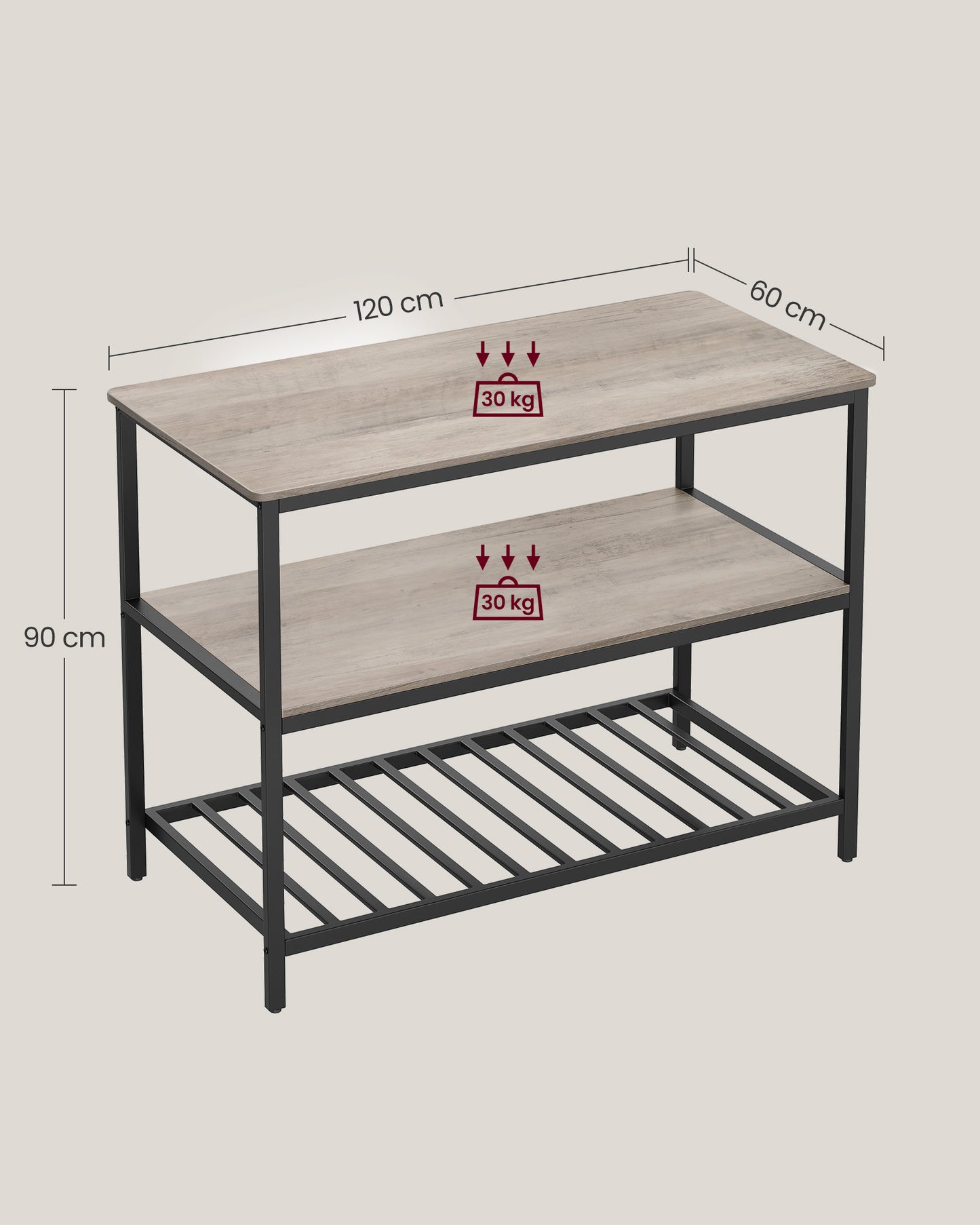 Isola per Cucina, 3 ripiani, con Grande Piano di Lavoro 120 cm, Struttura in Acciaio Stabile, Grigio e Nero, Vasagle, 7