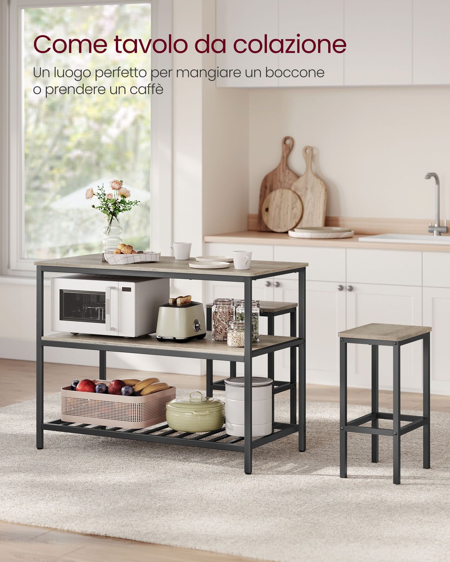 Isola per Cucina, 3 ripiani, con Grande Piano di Lavoro 120 cm, Struttura in Acciaio Stabile, Grigio e Nero, Vasagle, 8