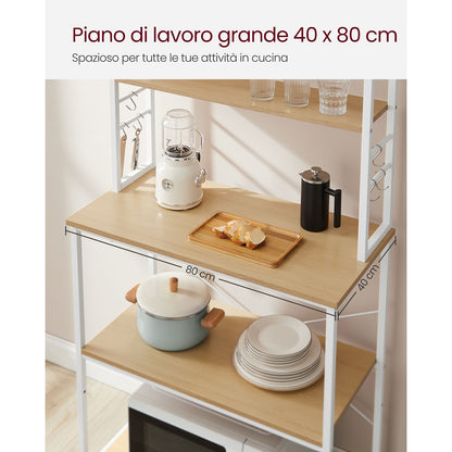 Scaffale Cucina, Mobile Cucina Dispensa, Mensola per Microonde, 6 Ripiani con 6 Ganci, Rovere e Bianco, Vasagle, 6