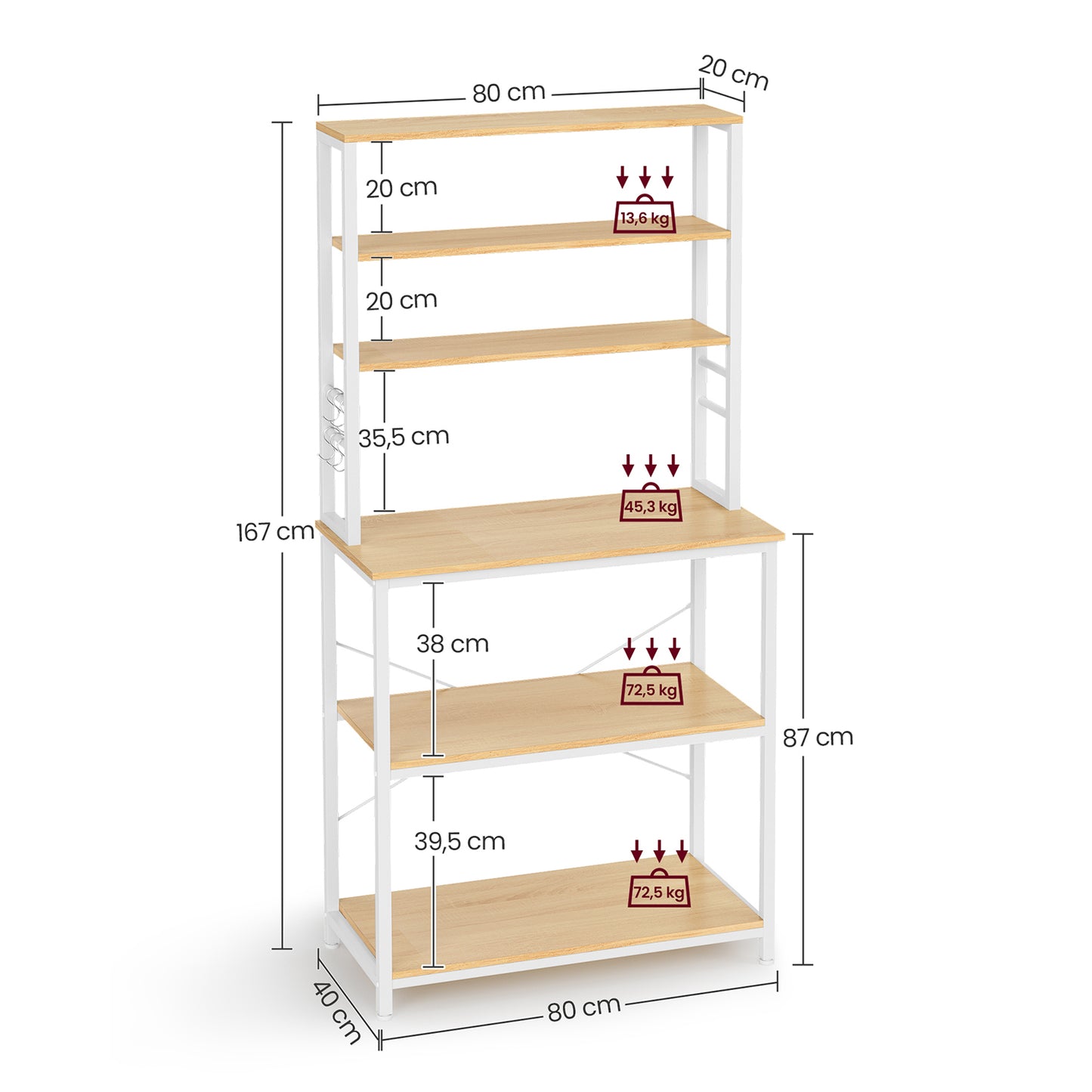 Scaffale Cucina, Mobile Cucina Dispensa, Mensola per Microonde, 6 Ripiani con 6 Ganci, Rovere e Bianco, Vasagle, 7