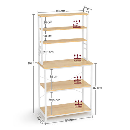 Scaffale Cucina, Mobile Cucina Dispensa, Mensola per Microonde, 6 Ripiani con 6 Ganci, Rovere e Bianco, Vasagle, 7