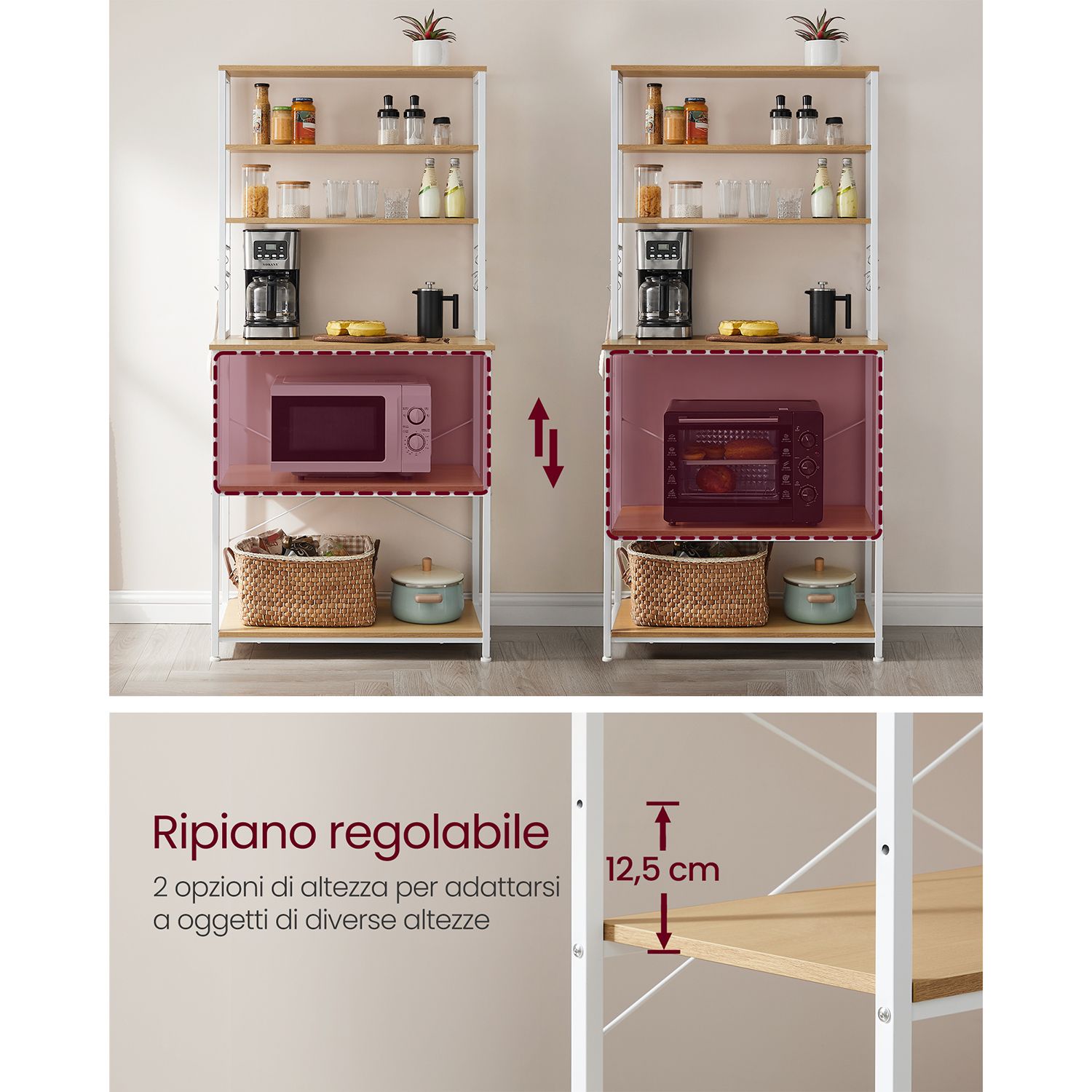 Scaffale Cucina, Mobile Cucina Dispensa, Mensola per Microonde, 6 Ripiani con 6 Ganci, Rovere e Bianco, Vasagle, 8