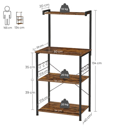 Scaffale Cucina, 3 livelli, Mobile Cucina Dispensa, Mensola per Microonde, 6 ganci a S, Marrone Rustico e Nero, Vasagle, 8