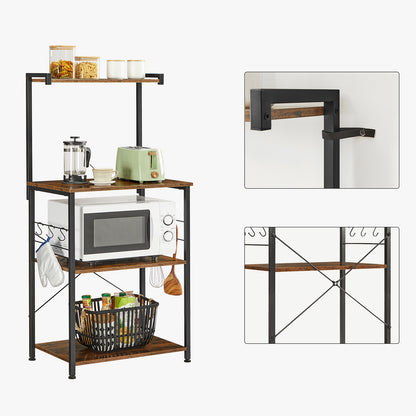 Scaffale Cucina, 3 livelli, Mobile Cucina Dispensa, Mensola per Microonde, 6 ganci a S, Marrone Rustico e Nero, Vasagle, 9