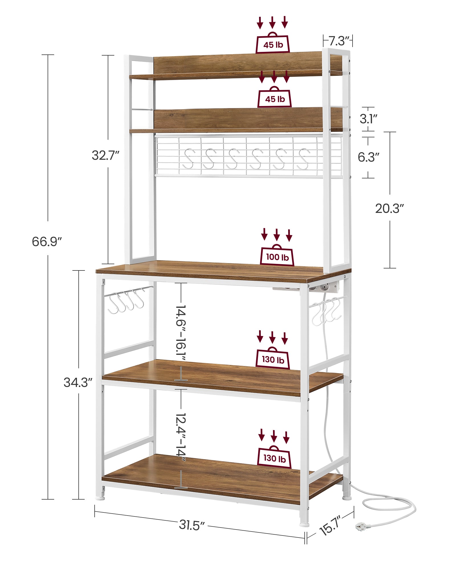 Scaffale Cucina, Mensola per Microonde, Mobile Cucina Dispensa, 14 Ganci, Noce Medio e Bianco, Vasagle, 7