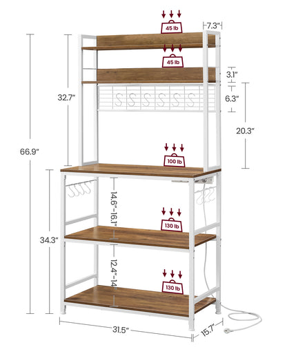 Scaffale Cucina, Mensola per Microonde, Mobile Cucina Dispensa, 14 Ganci, Noce Medio e Bianco, Vasagle, 7