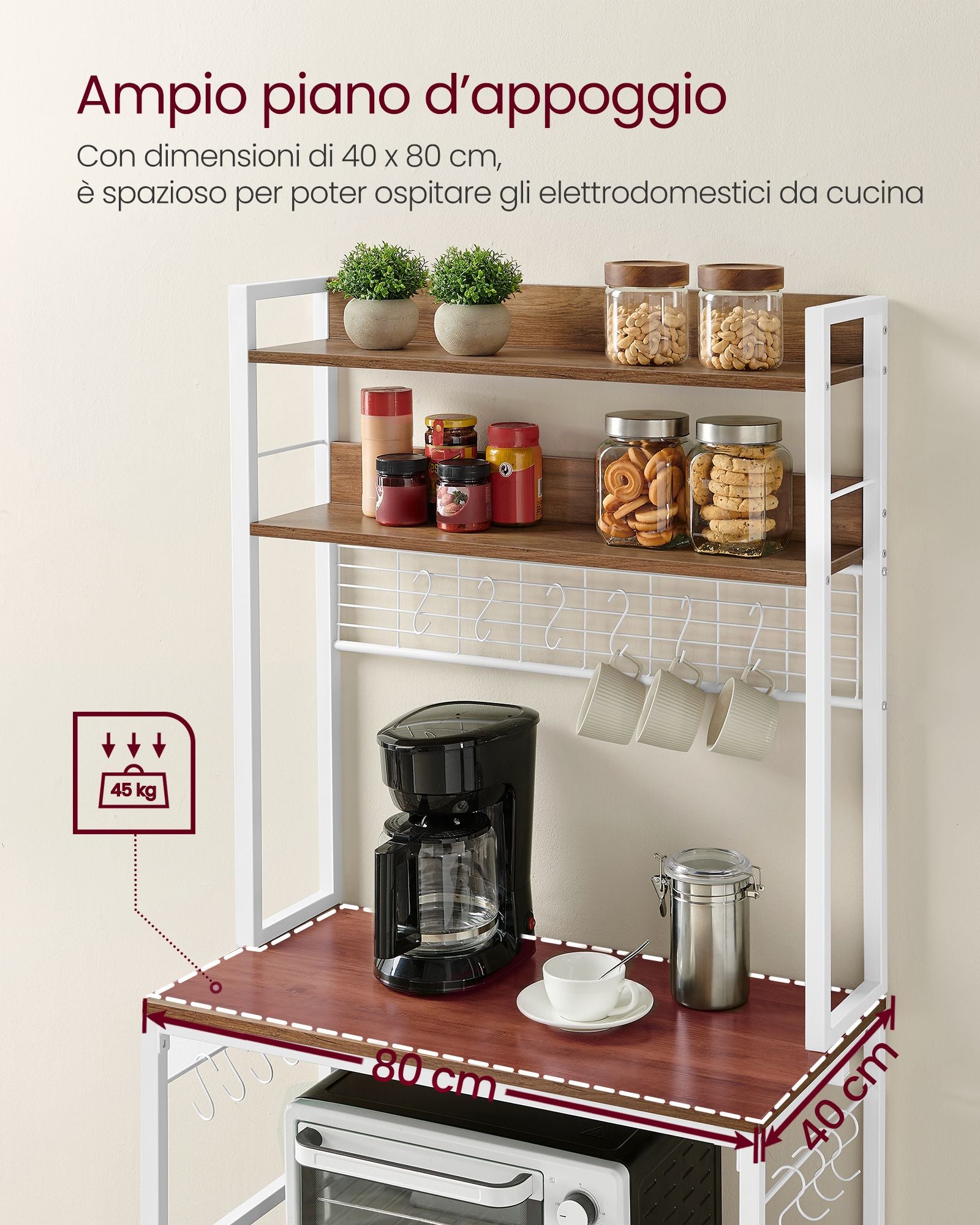 Scaffale Cucina, Mensola per Microonde, Mobile Cucina Dispensa, 14 Ganci, Noce Medio e Bianco, Vasagle, 8