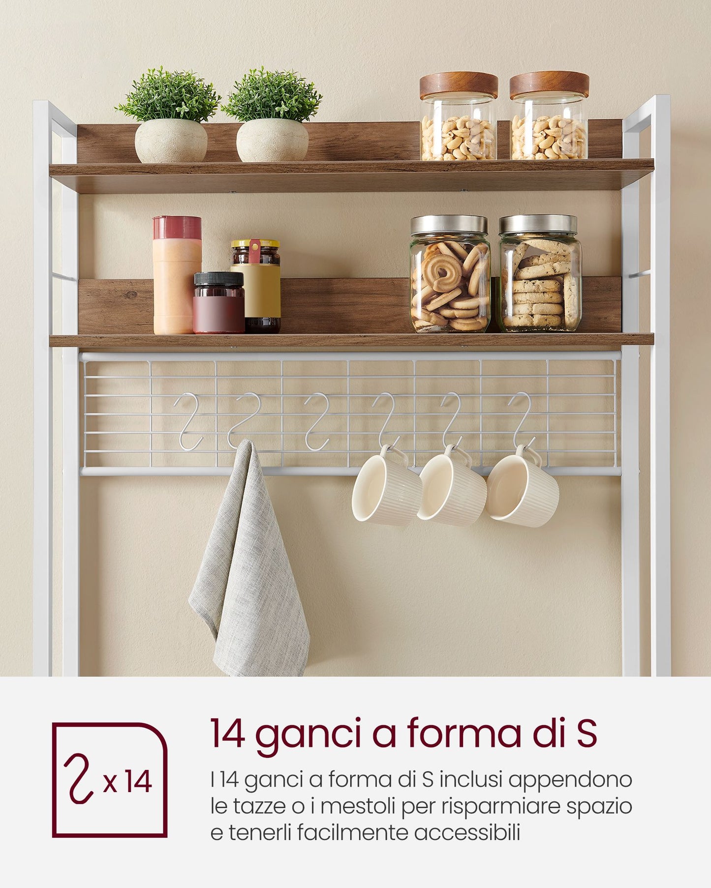 Scaffale Cucina, Mensola per Microonde, Mobile Cucina Dispensa, 14 Ganci, Noce Medio e Bianco, Vasagle, 9