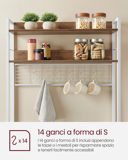 Scaffale Cucina, Mensola per Microonde, Mobile Cucina Dispensa, 14 Ganci, Noce Medio e Bianco, Vasagle, 9