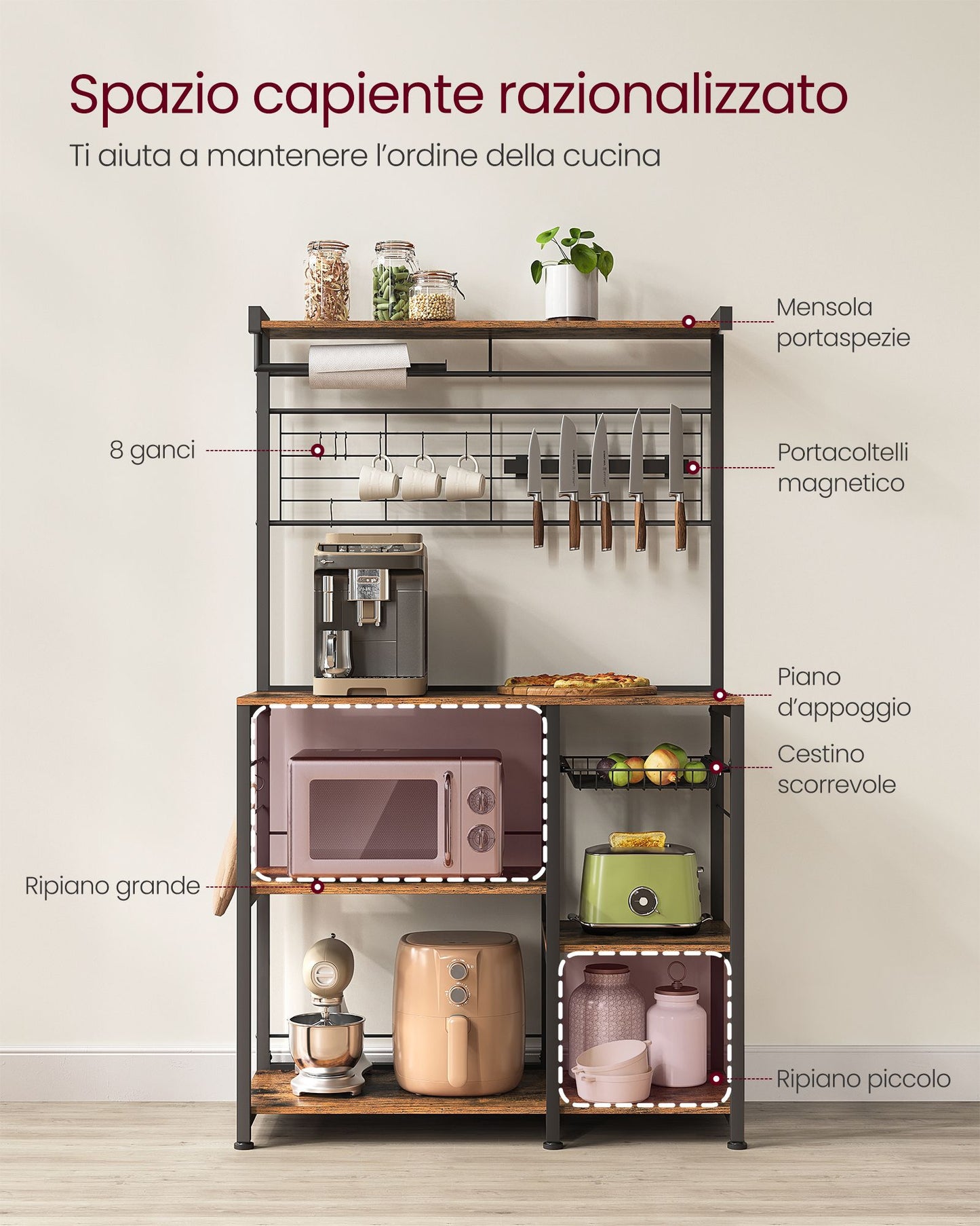 Scaffale Cucina, Mensola per Microonde, Portacoltelli magnetico, 8 ganci, Marrone Rustico e Nero, Vasagle, 4