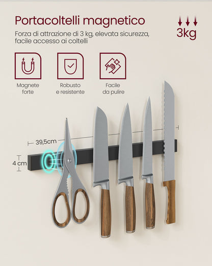 Scaffale Cucina, Mensola per Microonde, Portacoltelli magnetico, 8 ganci, Marrone Rustico e Nero, Vasagle, 5