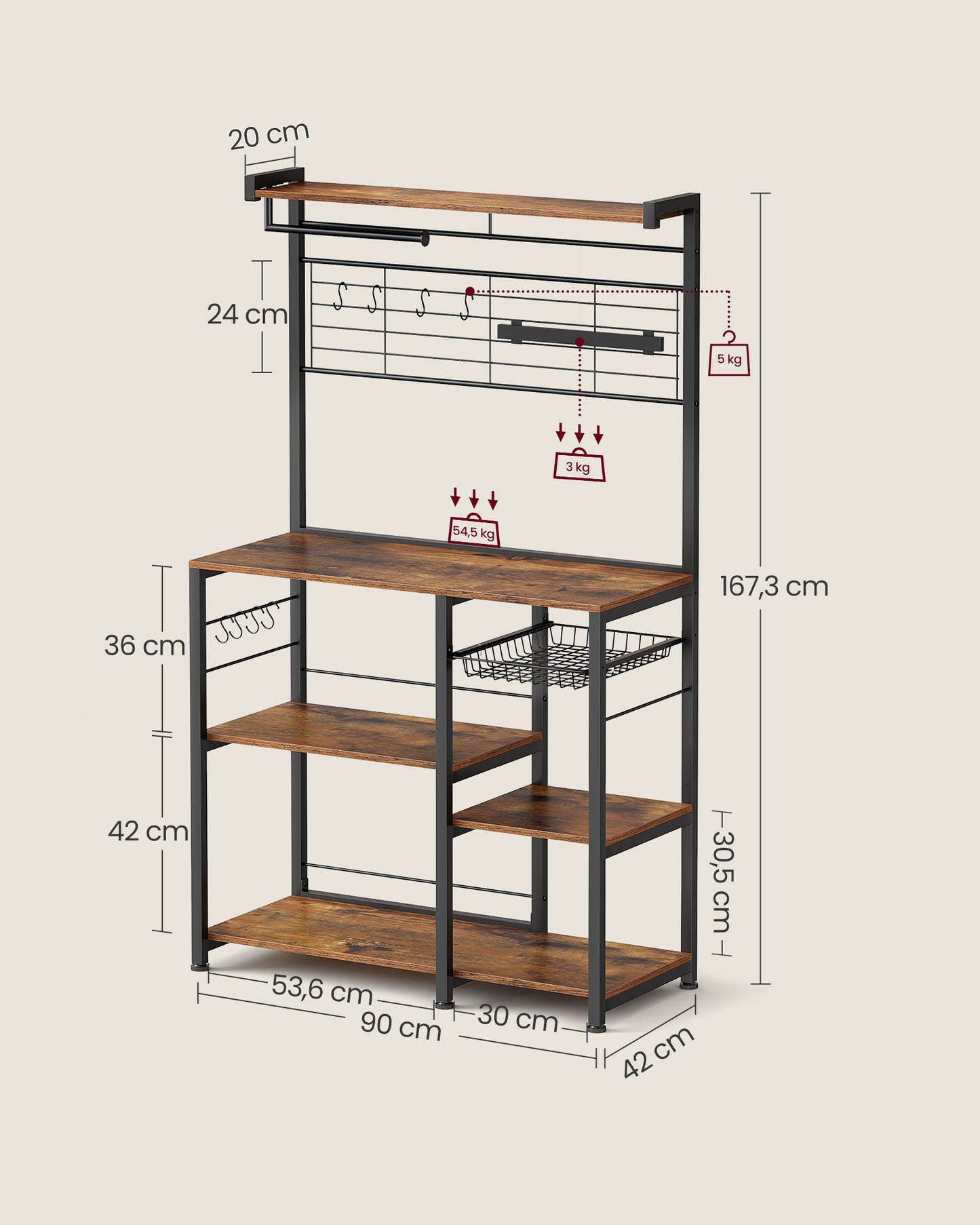 Scaffale Cucina, Mensola per Microonde, Portacoltelli magnetico, 8 ganci, Marrone Rustico e Nero, Vasagle, 8