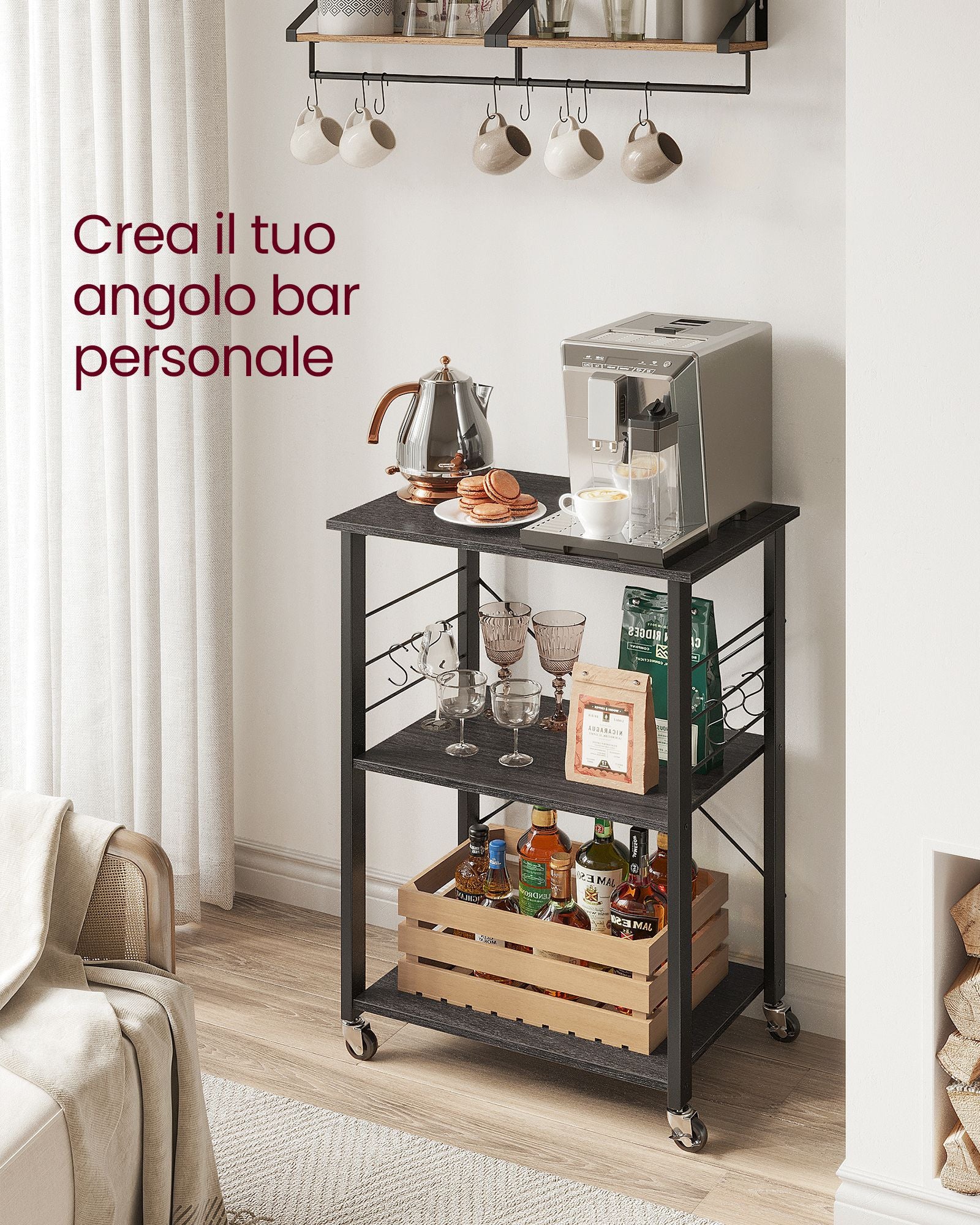 Carrello cucina, Carrello cucina legno, Scaffale per Microonde, Carrello di Servizio con 3 Ripiani, VASAGLE, 5