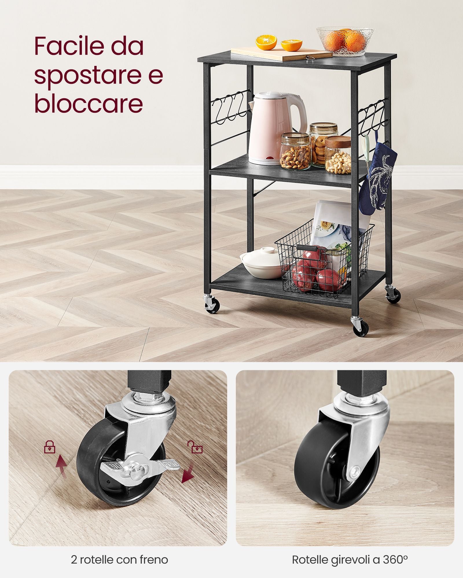 Carrello cucina, Carrello cucina legno, Scaffale per Microonde, Carrello di Servizio con 3 Ripiani, VASAGLE, 8