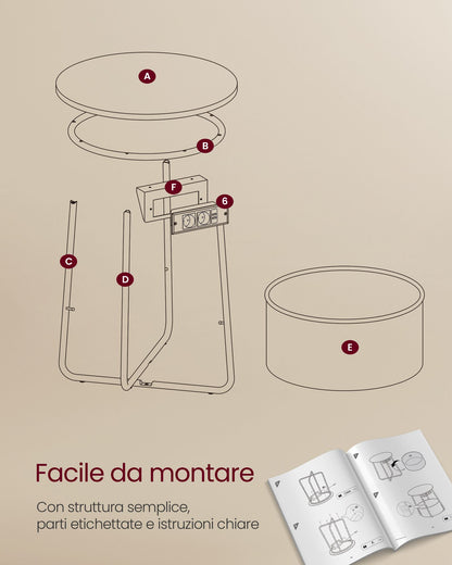 Tavolino Salotto, Comodino, Tavolino, Tavolino Rotondo, Tavolino Rotondo con Stazione di Ricarica, VASAGLE, 8