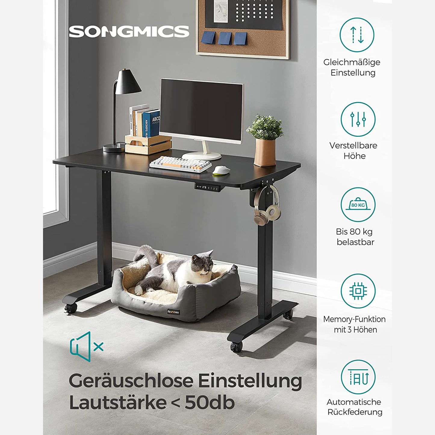 Scrivania Elettrica, Scrivania Regolabile in Altezza, Scrivania PC, 60x120cm, 3 Altezze, Nero, Songmics, 1