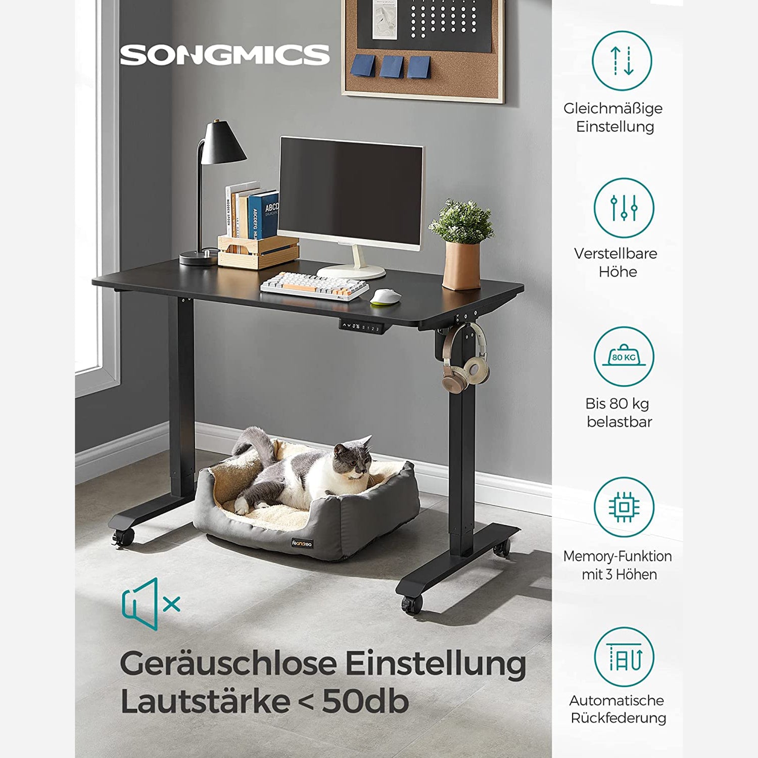 Scrivania Elettrica, Scrivania Regolabile in Altezza, Scrivania PC, 60x120cm, 3 Altezze, Nero, Songmics, 1