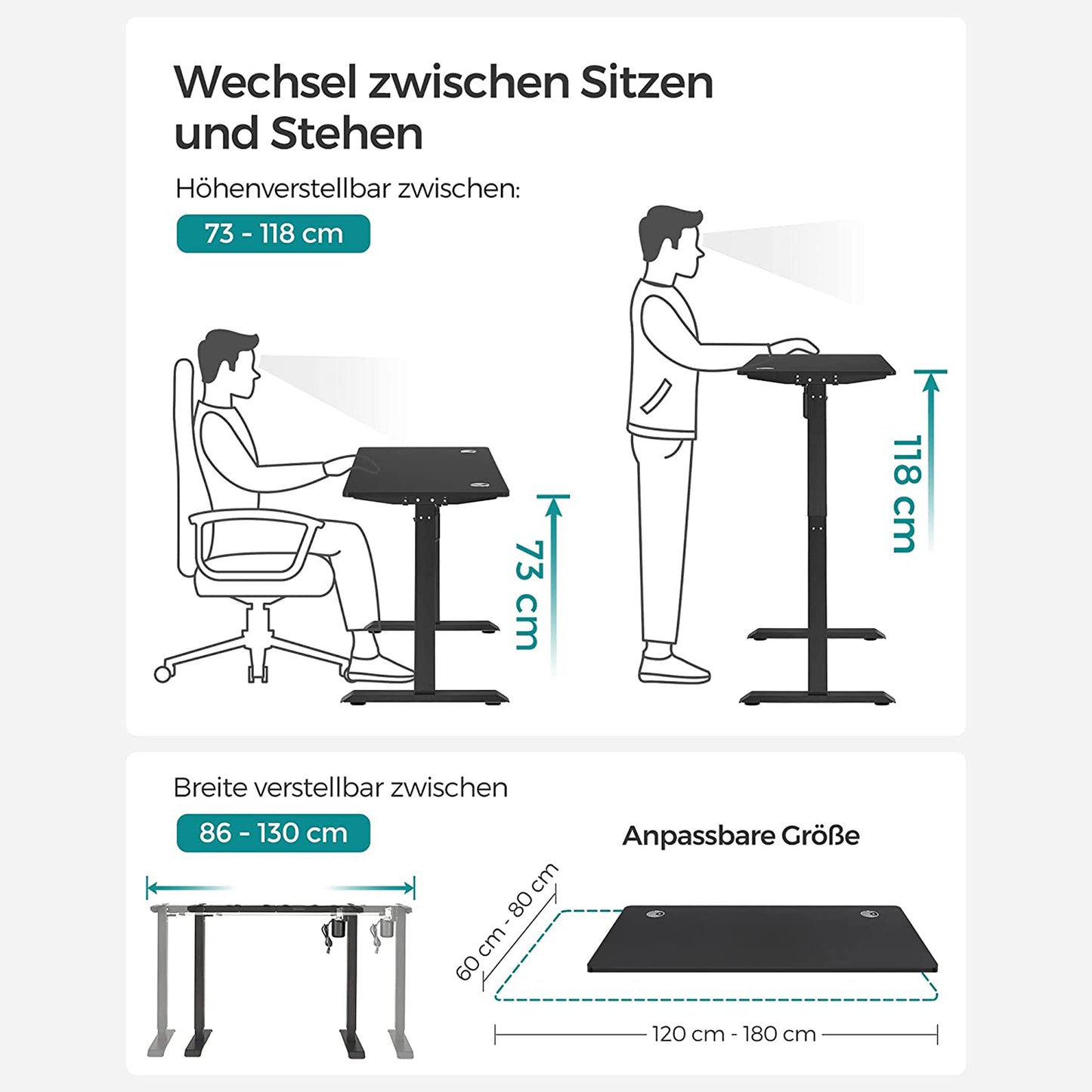 Scrivania Elettrica, Scrivania Regolabile in Altezza, Scrivania PC, 60x120cm, 3 Altezze, Nero, Songmics, 1
