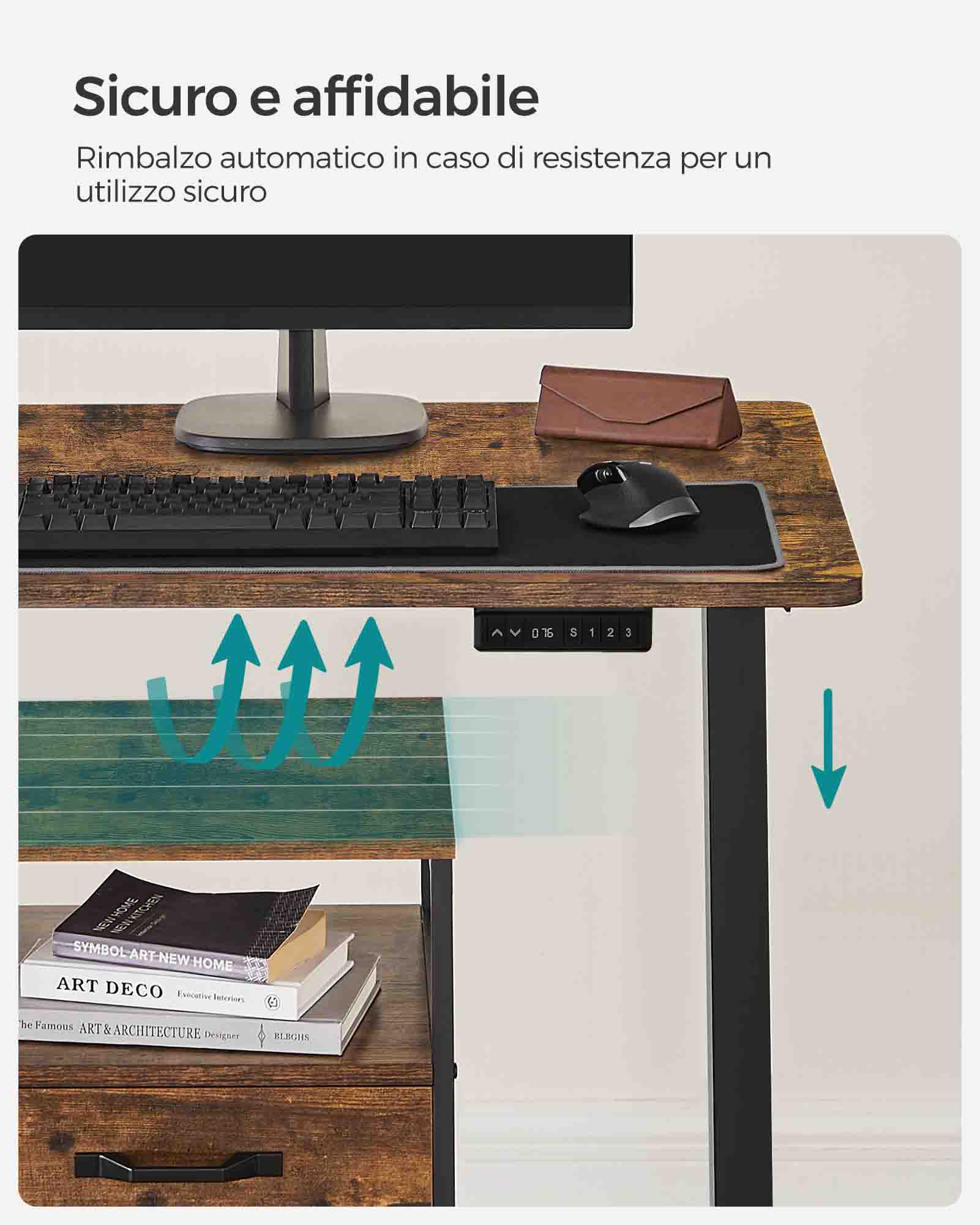 Scrivania Elettrica, Scrivania Regolabile in Altezza, Scrivania PC, 70x140cm, 3 Altezze, Marrone Vintage Nero, Songmics, 1