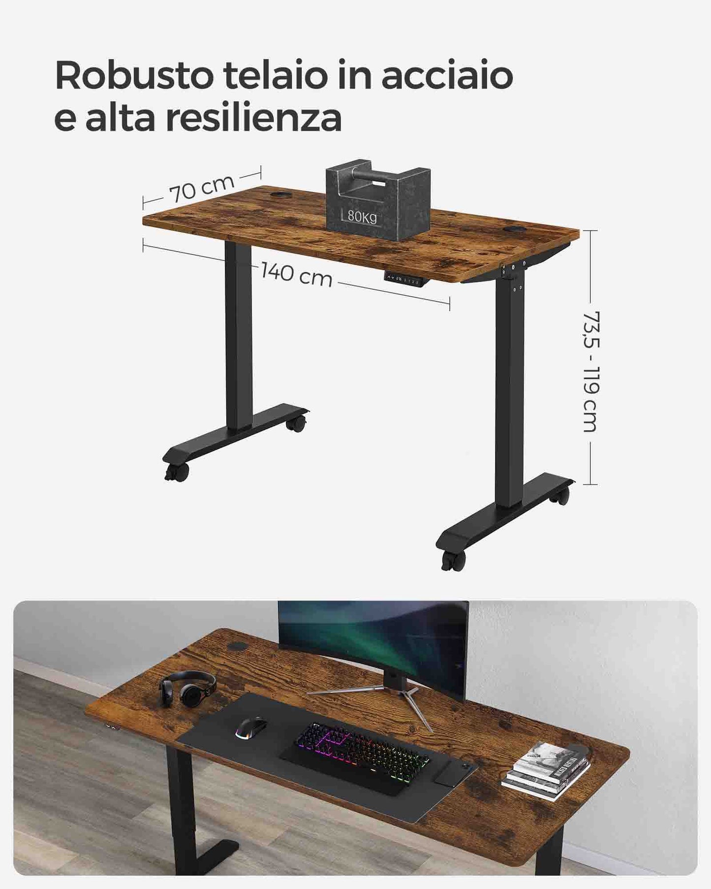 Scrivania Elettrica, Scrivania Regolabile in Altezza, Scrivania PC, 70x140cm, 3 Altezze, Marrone Vintage Nero, Songmics, 1