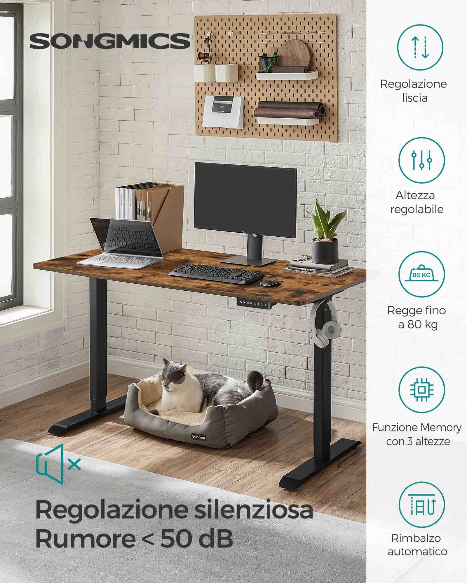 Scrivania Elettrica, Scrivania Regolabile in Altezza, Scrivania PC, 70x140cm, 3 Altezze, Marrone Vintage Nero, Songmics, 1
