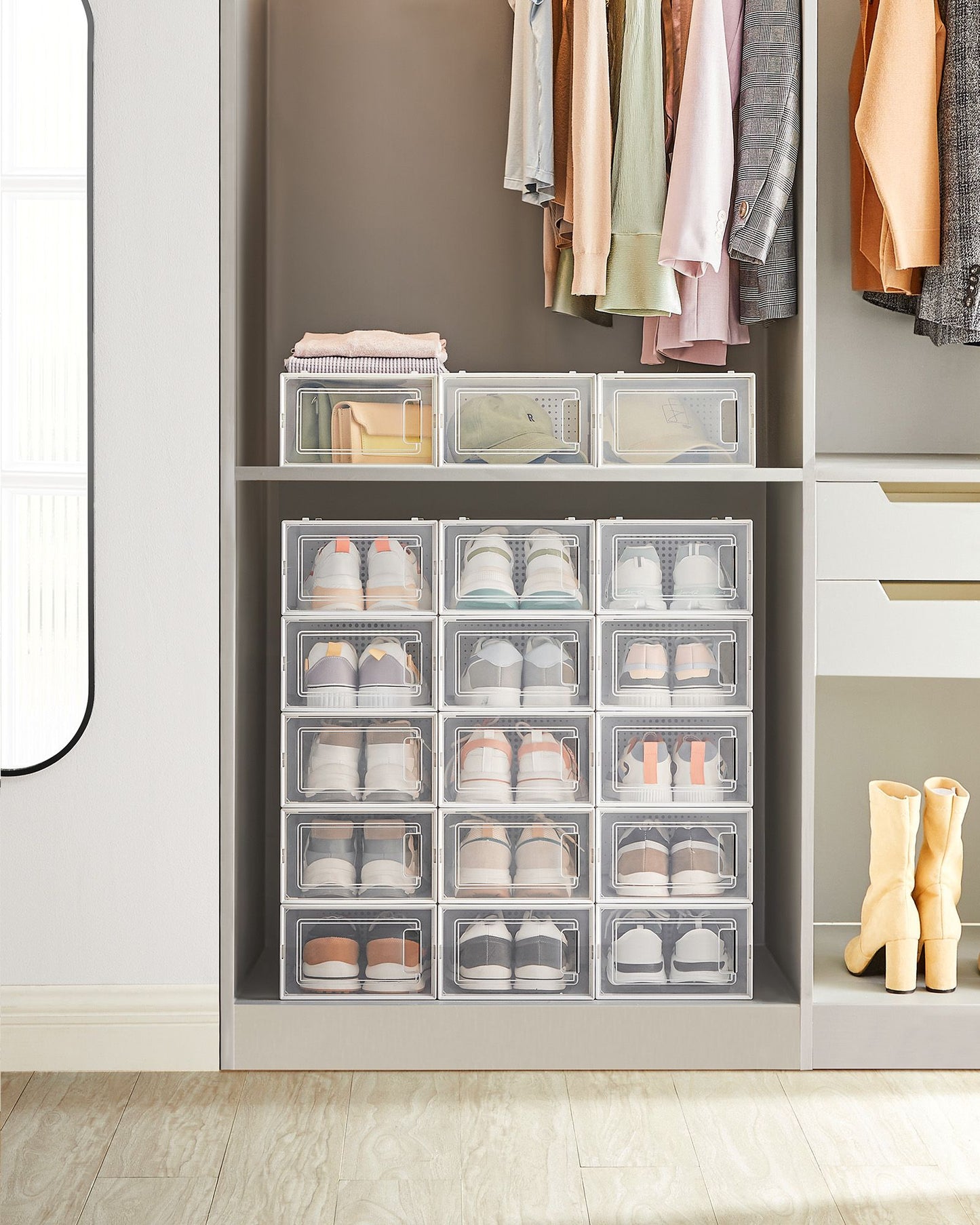 Scatole per Scarpe, Pacco da 18, Organizer Scarpe, Contenitori per Scarpe, Fino a Taglia 44, Trasparente Bianco, SONGMICS, 3