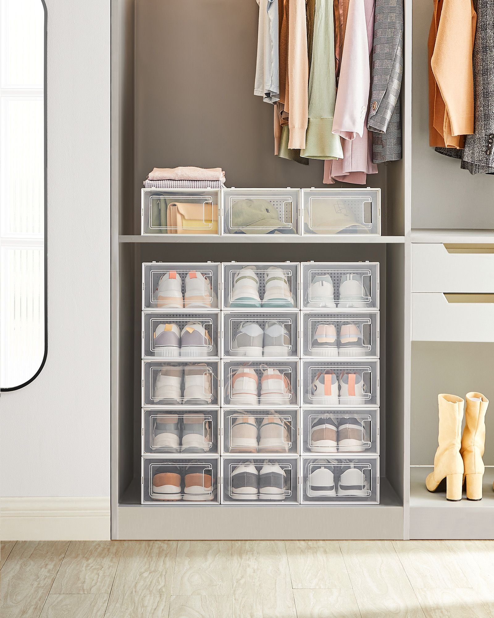 Scatole per Scarpe, Pacco da 18, Organizer Scarpe, Contenitori per Scarpe, Fino a Taglia 44, Trasparente Bianco, SONGMICS, 3