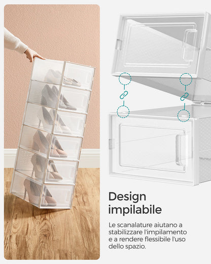 Scatole per Scarpe, Pacco da 18, Organizer Scarpe, Contenitori per Scarpe, Fino a Taglia 44, Trasparente Bianco, SONGMICS, 4