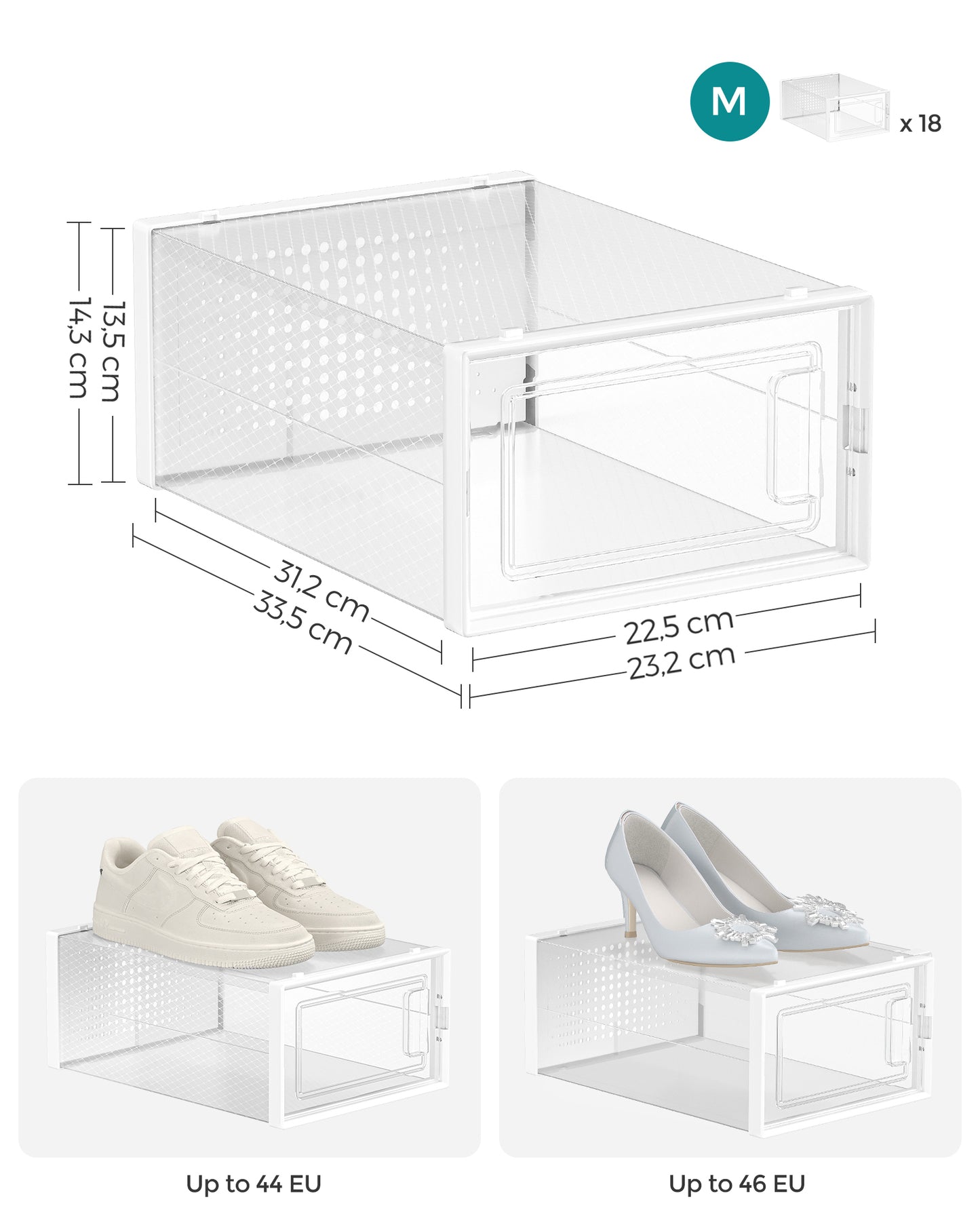 Scatole per Scarpe, Pacco da 18, Organizer Scarpe, Contenitori per Scarpe, Fino a Taglia 44, Trasparente Bianco, SONGMICS, 6