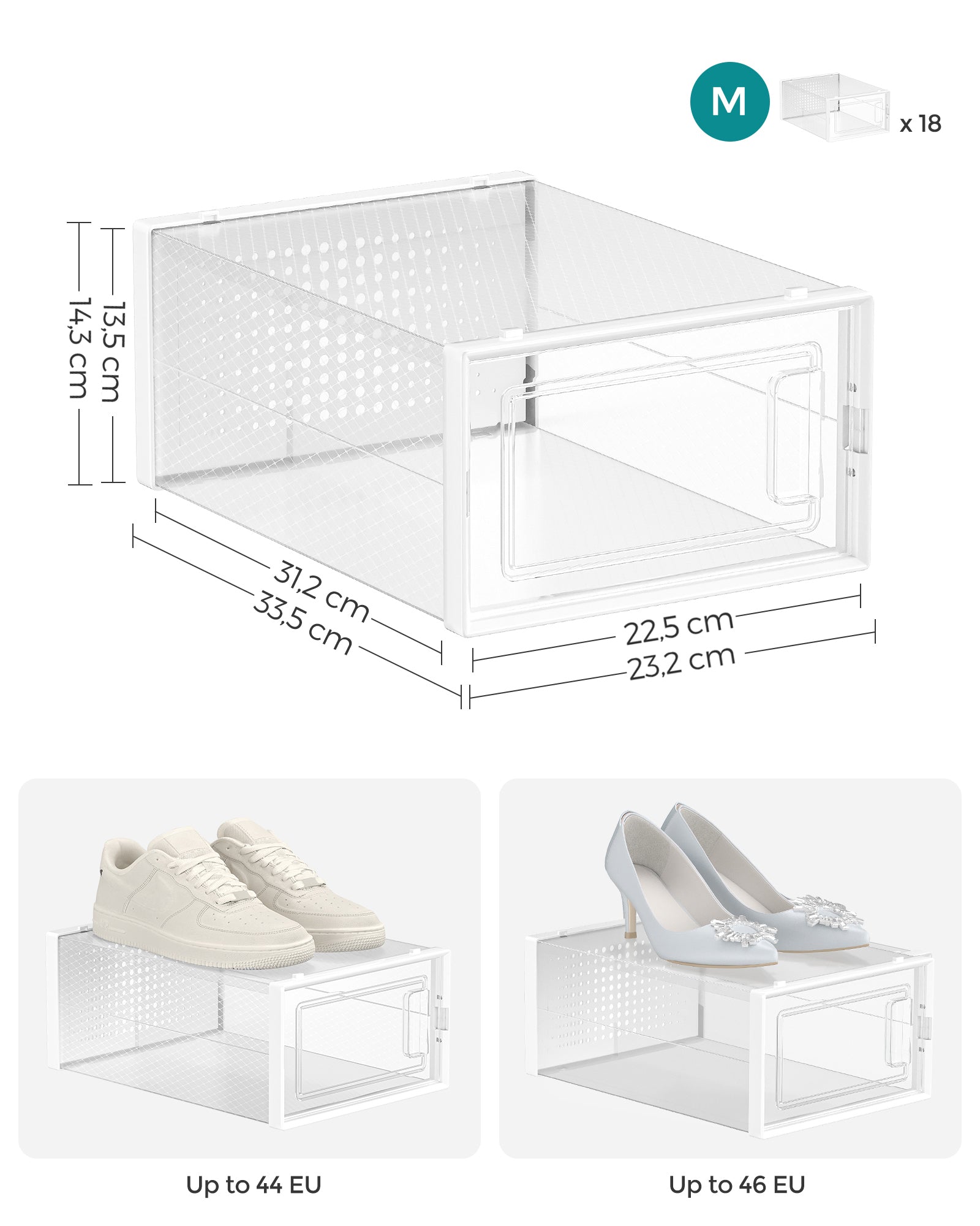 Scatole per Scarpe, Pacco da 18, Organizer Scarpe, Contenitori per Scarpe, Fino a Taglia 44, Trasparente Bianco, SONGMICS, 6