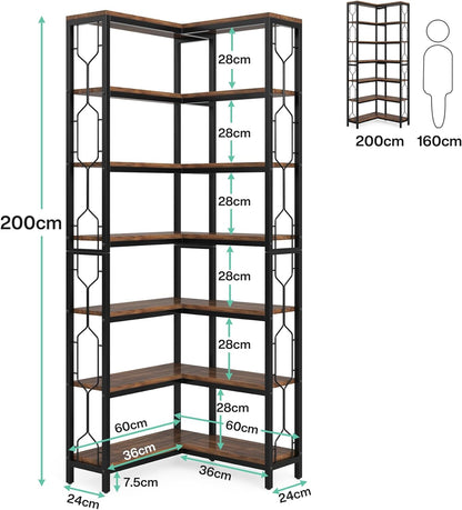 Libreria, Libreria angolare a 7 ripiani, Grande Libreria ad Angolo Moderna, Marrone Rustico, Tribesigns, 9