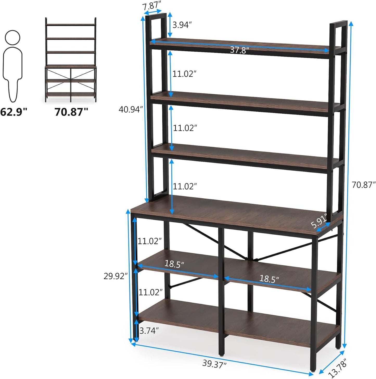 Libreria, Libreria a 6 piani, Scaffale per soggiorno, Scaffale da Pavimento, Nero & Marrone, Tribesigns, 7