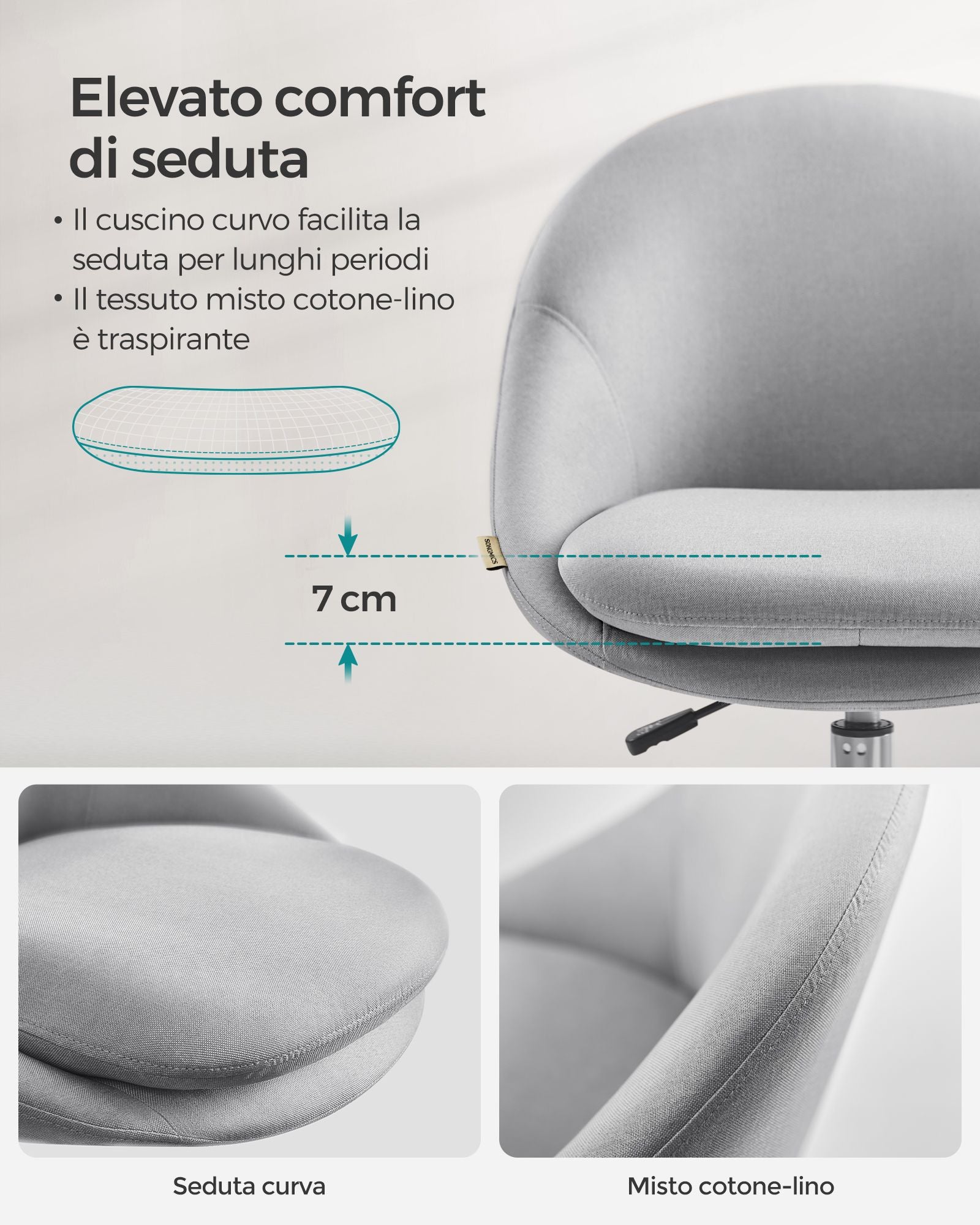 Sedia da Ufficio, Sedia da Scrivania, Sedia Girevole, Sedia Studio, Regolabile in Altezza, Camera da Letto, Grigio, Songmics, 5