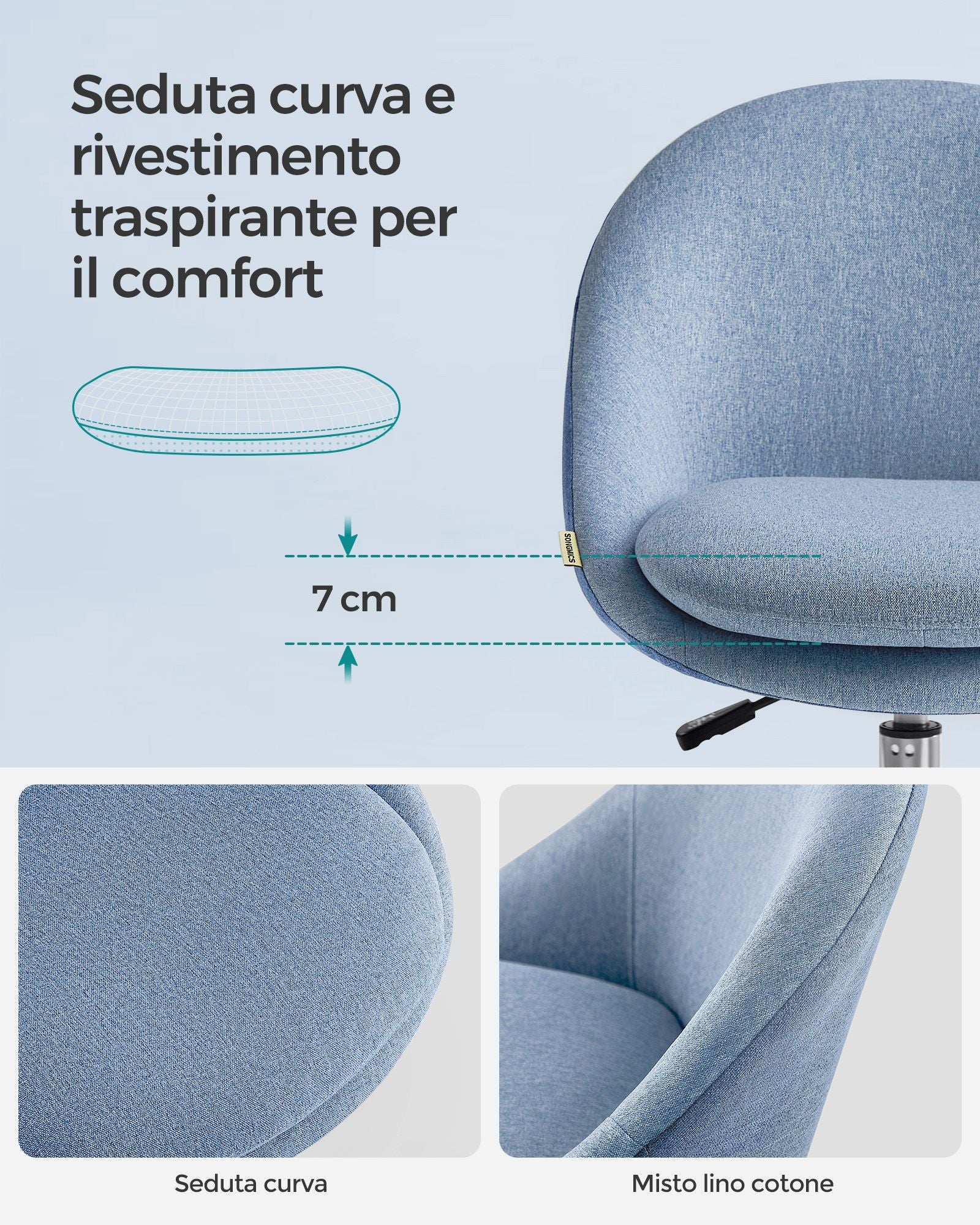 Sedia da Ufficio, Sedia da Scrivania, Sedia Girevole, Sedia Studio, Regolabile in Altezza, Camera da Letto, Blu, Songmics, 5