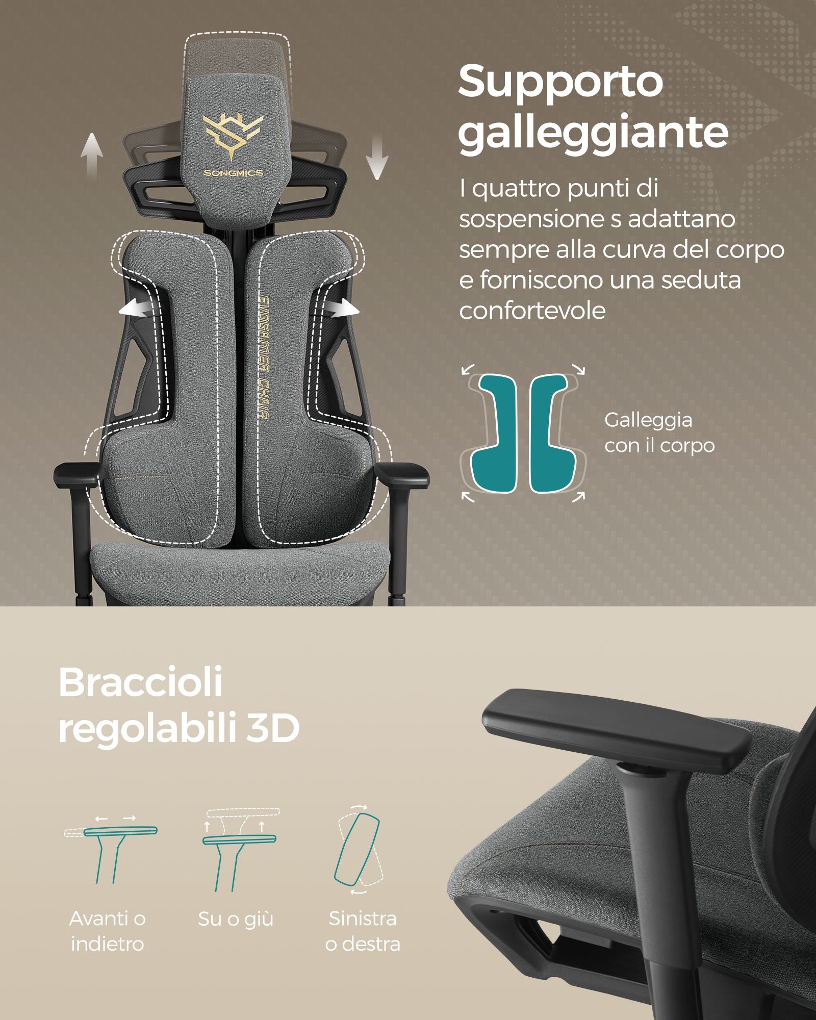 Poltrona Gaming, Sedia da Gaming, Sedia Ufficio Ergonomica, Sedia da Scrivania, Poggiatesta regolabile, Grigio, Songmics, 5