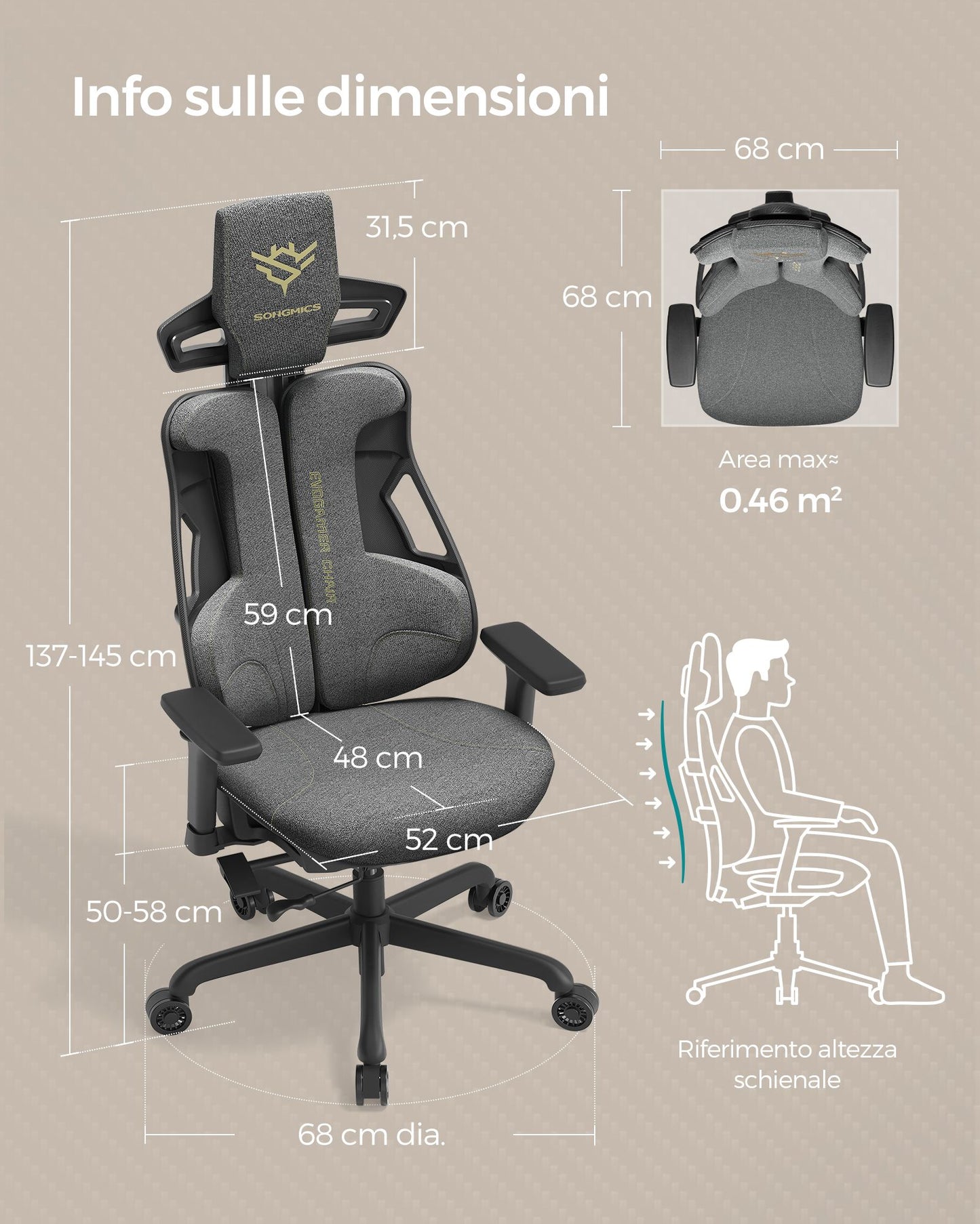 Poltrona Gaming, Sedia da Gaming, Sedia Ufficio Ergonomica, Sedia da Scrivania, Poggiatesta regolabile, Grigio, Songmics, 6