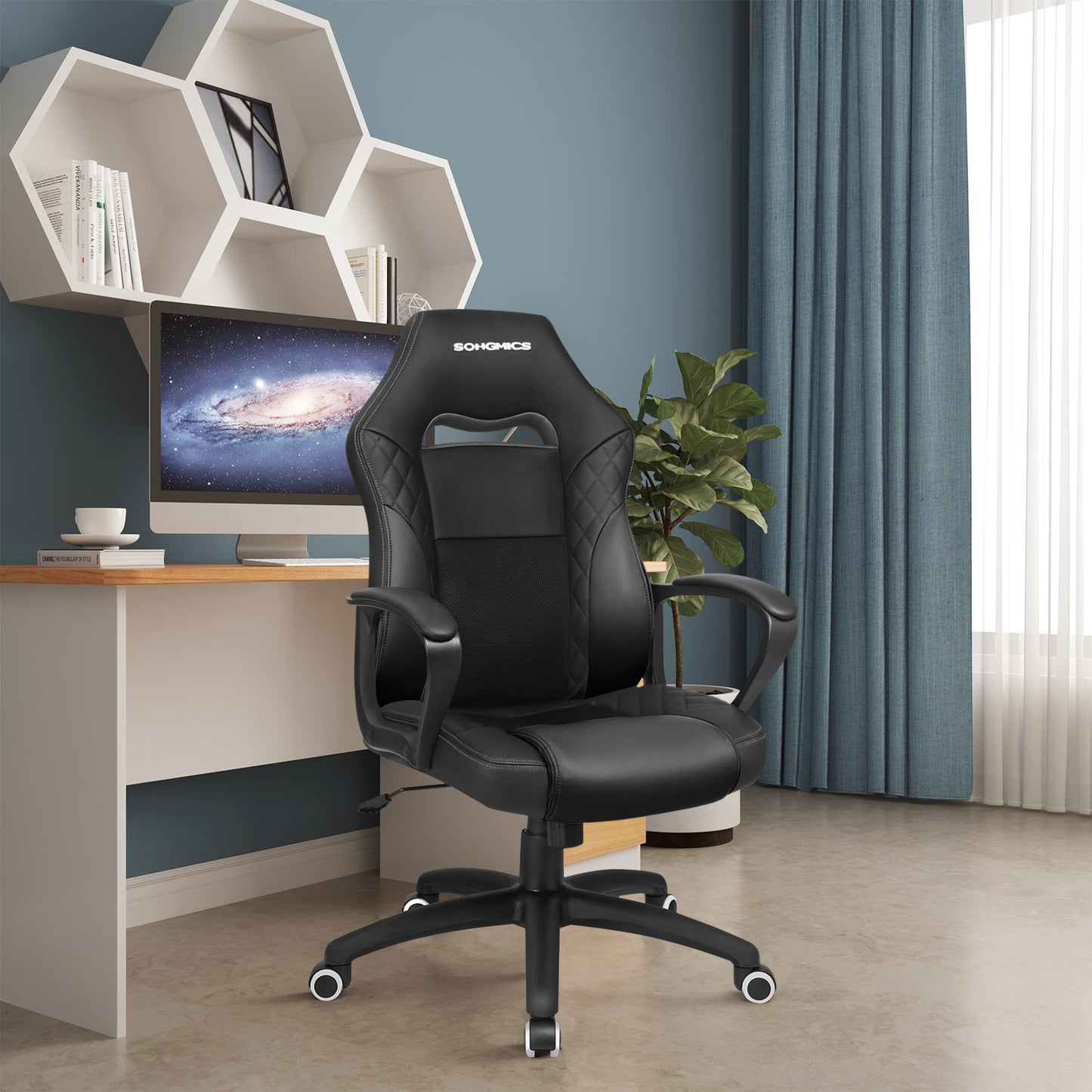 Sedia da Gaming, Poltrona Gaming, Sedia Ufficio Ergonomica, Schienale Alto, Supporto Lombare Regolabile, Nero, Songmics, 2