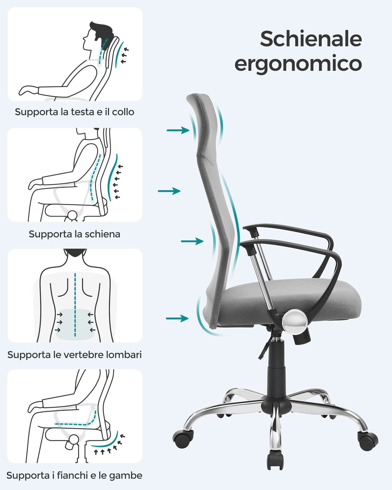 Sedia da Ufficio, Sedia da Scrivania, Ergonomica, Sedia Girevole, Regolabile in Altezza e Inclinabile, Grigio, Songmics, 2